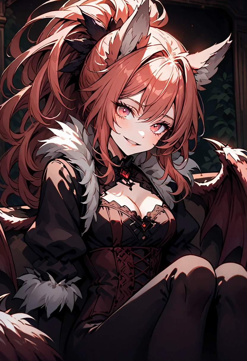 solo, close up, female, red eyes, light red hair, long wavy hair, ponytail, neat straight hair, ManticoreMGE, monster girl, prehensile tail, animal ears, fur, wings, claws, victorian, young, sitting on couch, looking up at viewer, lounging clothes, from side, wide smile, indoors, wide open eyes, head tilt, excited, tomboy, tight clothes, playful, energetic, sunny, indoors, cleavage, large breasts, slim waist, garden