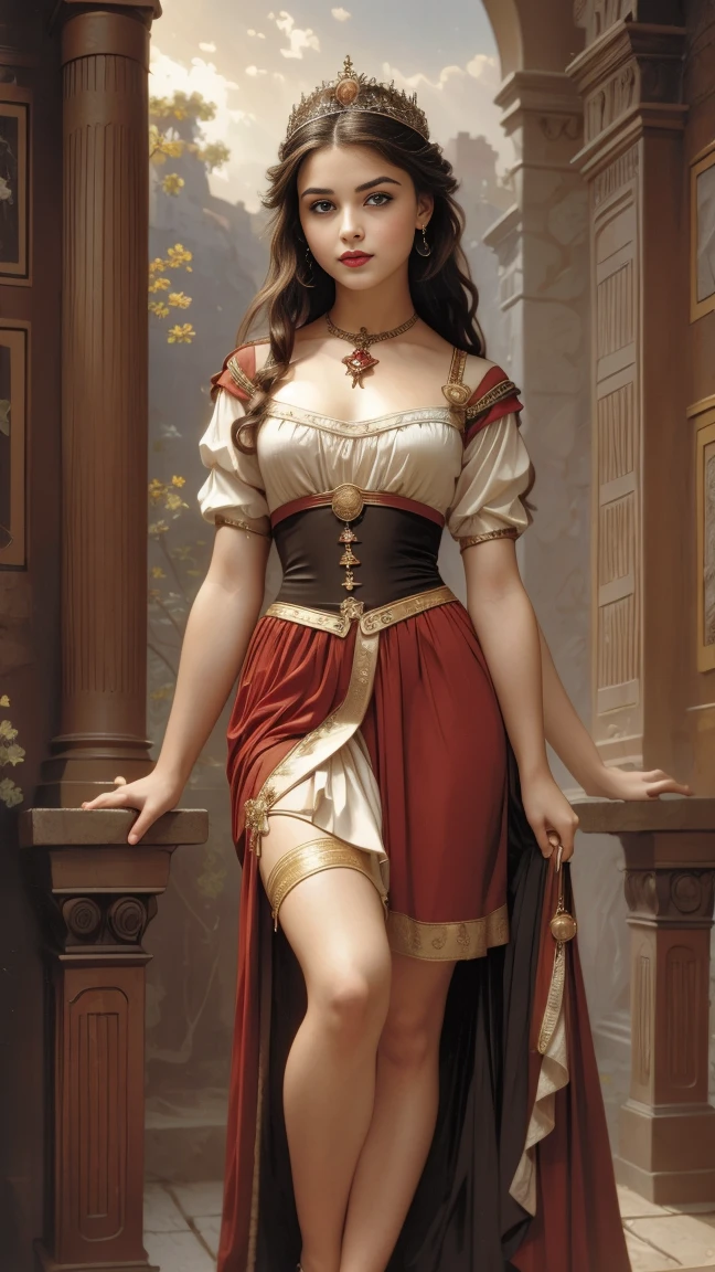 ((  full body view )),(( full body view )),((im Stil von William-Adolphe Bouguereau)),(( high resolution)), ((pale skin)), ((Elegant Pose)),((Shows naked small breasts and pussy)),freckled, brunette (( young girl)), with blue eyes, blushing cheeks,(dark long wave hair),(Smiling),(Fantasy Warrior), revealing short dress in medieval style, stately house,Medieval castle chamber,Kamin,Bett,Fantasy,deep neckline,Tiaras , jewelry,Red lips