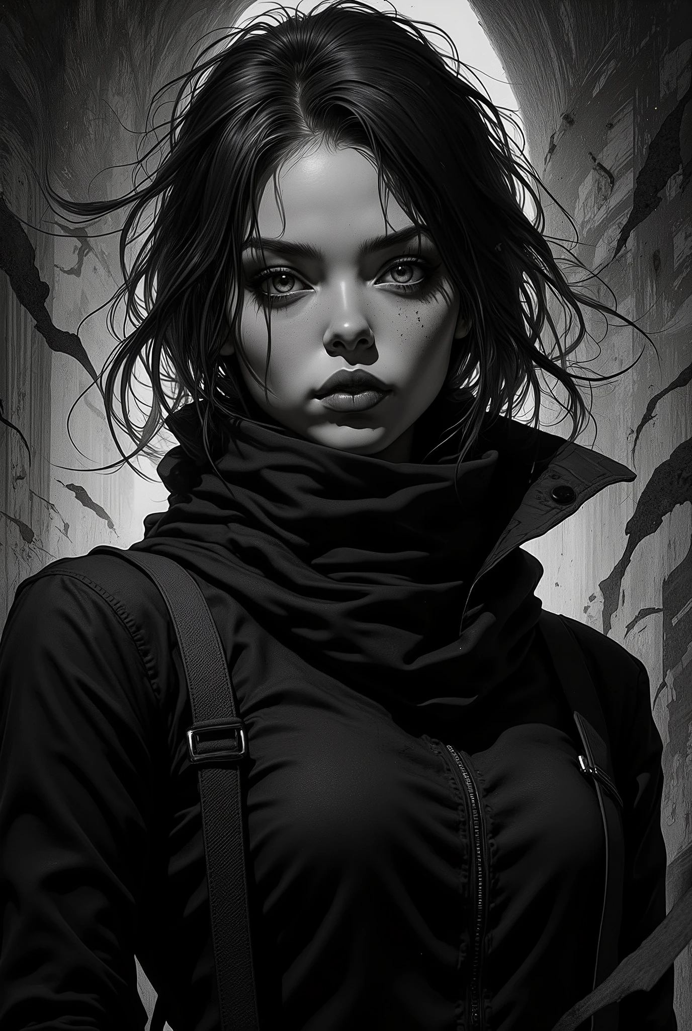Panel 2: A dark background begins to invade the scene ,  as if pulling the reader into a dream . . Based on the text above, create a black and white noir comic style image keeping the same seed as the black and white character noir and keeping the same seed as the character, artwork, main art,  highly detailed official art ,  High Quality 8K , Epic european Art, official poster art, high definition art, Art in 4 