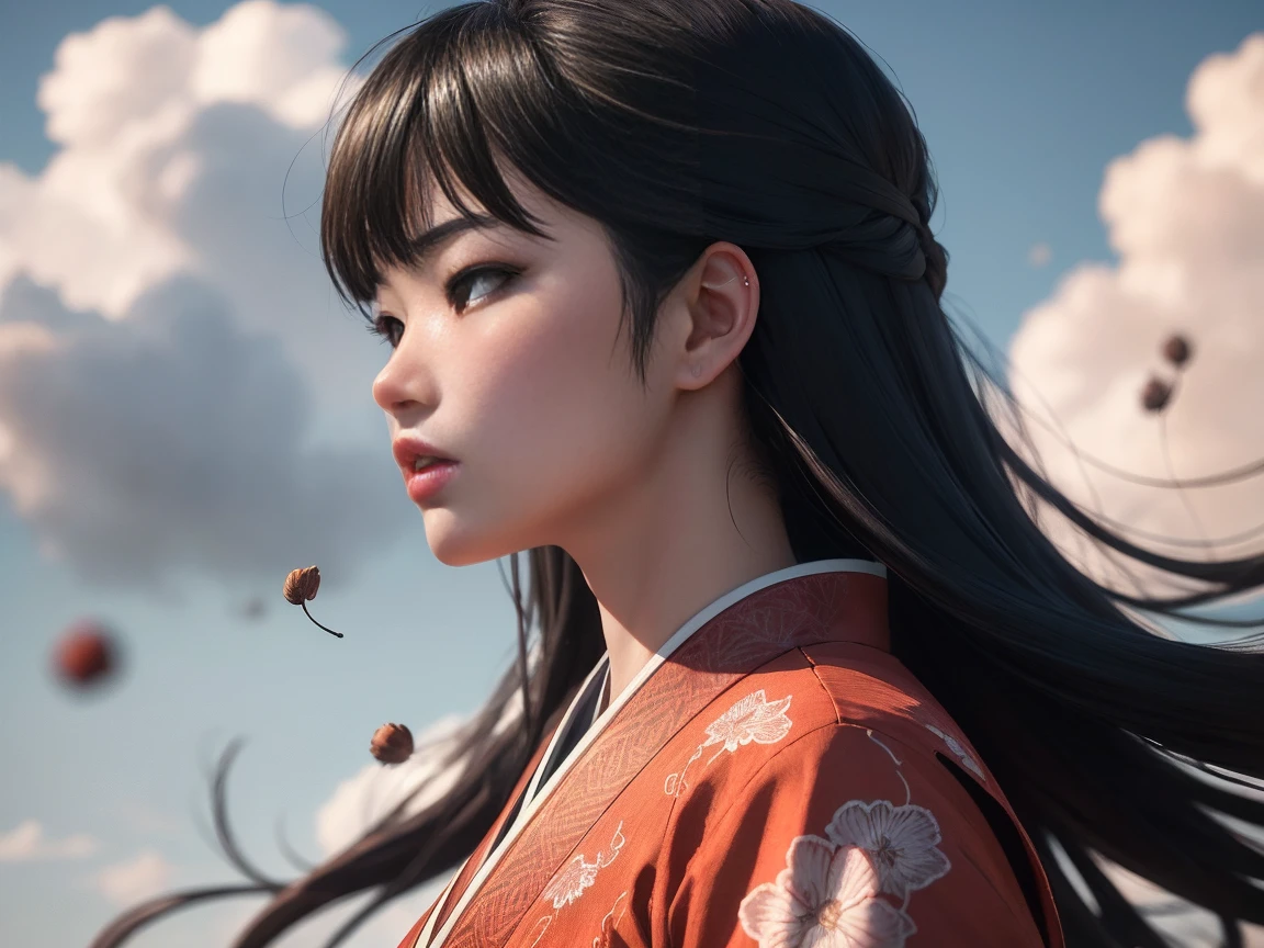   Close-up from waist to head:
  A beautiful young Korean woman .
 black hair, seeds, Foot-length , bangs covering the forehead.
 honey-colored eyes , expressive, obfuscating, bioluminescentes. 
 Medium and pointed breasts . 
 fine winding.
Dressed in a modern samurai outfit, with cloud print .
in battle pose.
profile view.
 simple background , matte, red in color.
(anime style 32K, 3d, HDR, UHD, intricate detail, extremely intricate detail, hyperrealistic, extremely realistic, high quality,    vivid color   , extremely detailed).