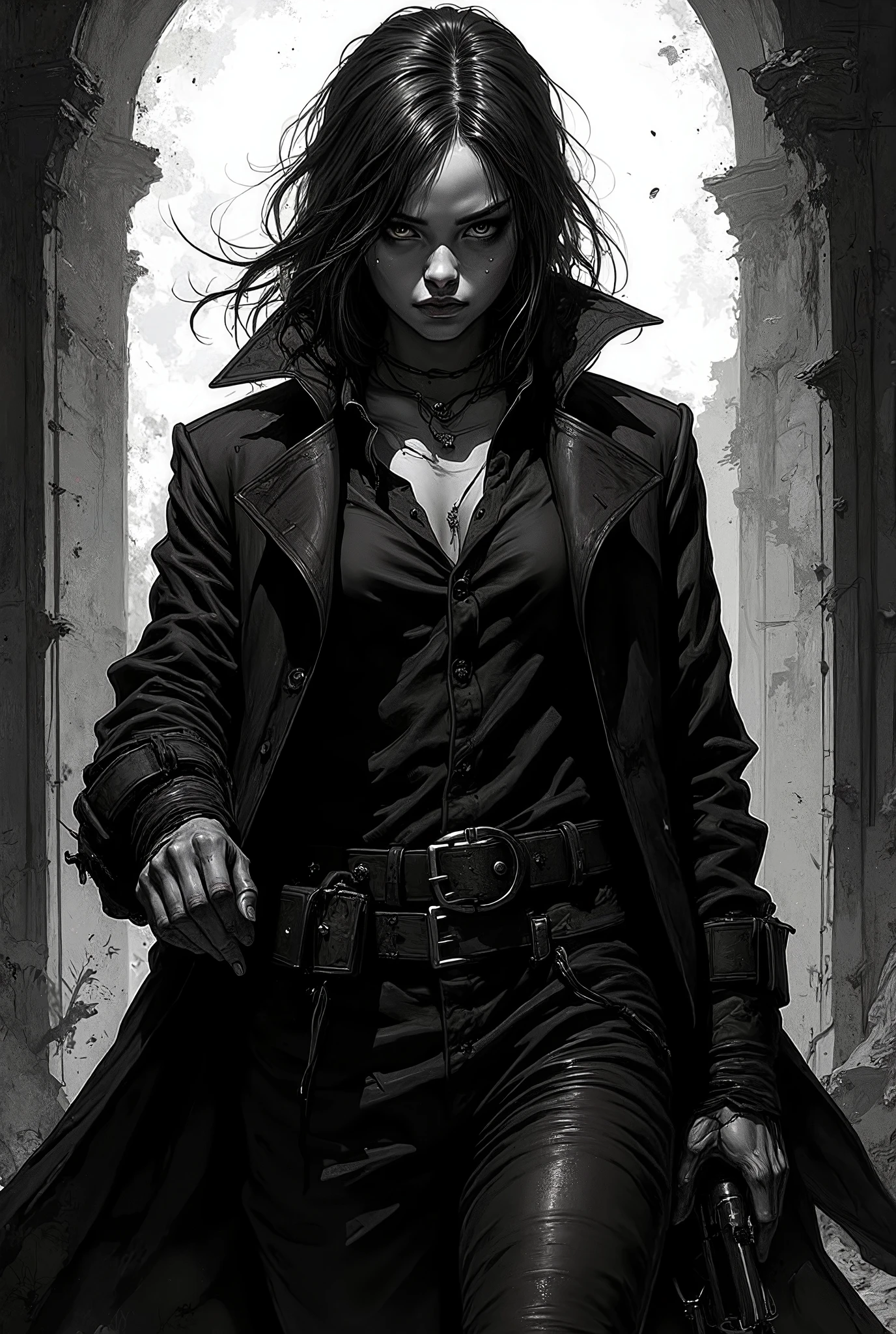 Panel 2: A dark background begins to invade the scene , as if pulling the reader into a dream . . Based on the text above, create a black and white noir comic style image keeping the same seed as the black and white character noir and keeping the same seed as the character, artwork, main art, highly detailed official art , High Quality 8K , Epic european Art, official poster art, high definition art, Art in 4