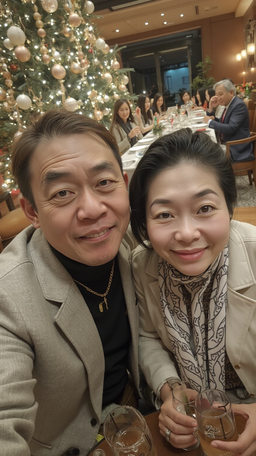 A 62-year-old Asian couple had a Christmas lunch  at a villa in Singapore, taking a selfie from the first person perspective. (Wearing high-end, stylish autumn brand clothing)