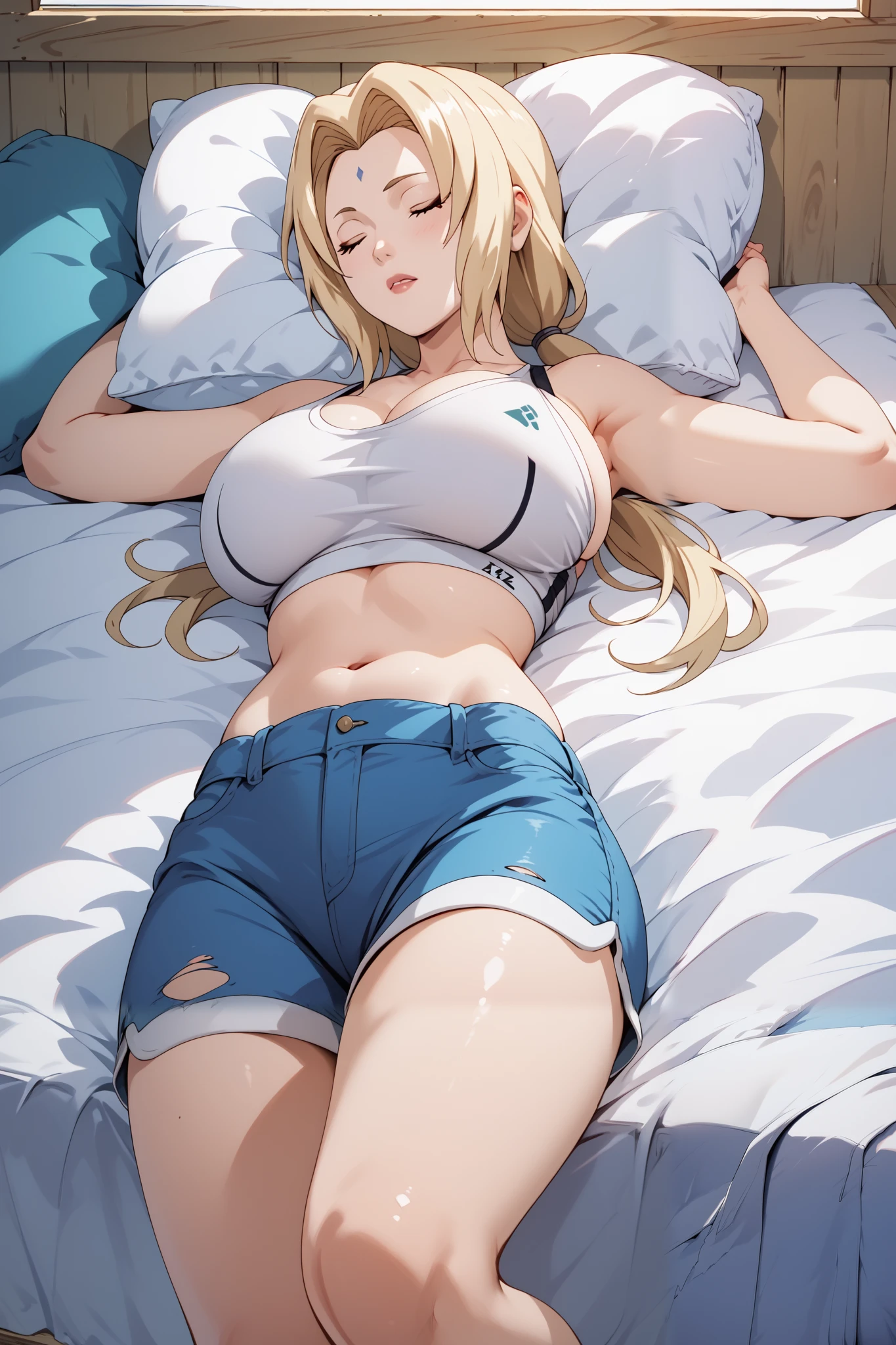 Masterpiece,highly detailed ,4k,solo,1girl,sleep,tsunade,large breasts ,white croptop white sport bra,ripped mini jeans,sleep on the bed ,head on pillow,sun set light,front look