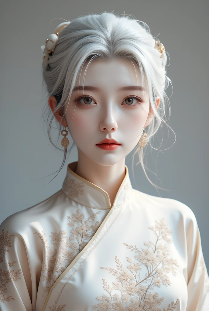 A photorealistic image of a woman,cheongsam, white hair,hip up