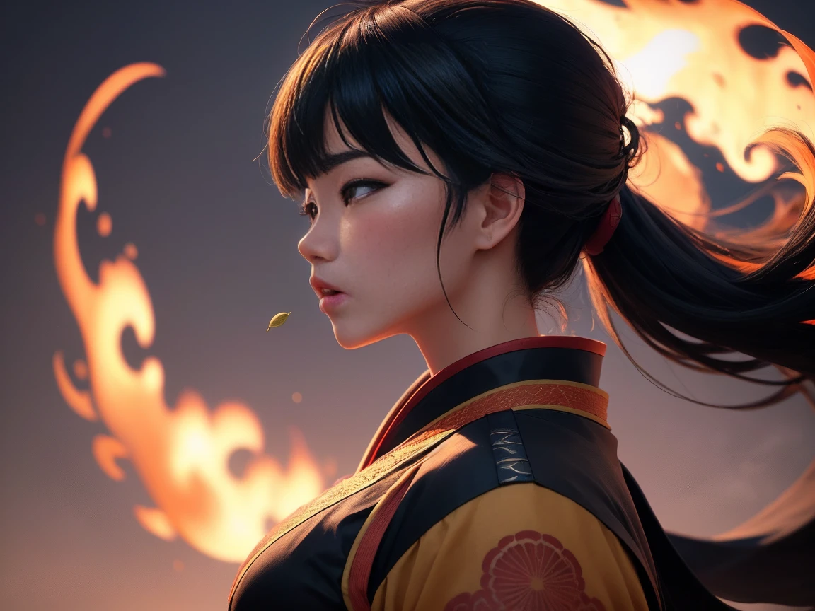   Close-up from waist to head:
  A beautiful young Korean woman .
 black hair, seeds, Foot-length , bangs covering the forehead.
 honey-colored eyes , expressive, obfuscating, bioluminescentes. 
 Medium and pointed breasts . 
 fine winding.
Dressed in a modern samurai outfit, with cloud print .
in battle pose.
profile view.
 simple background red in color.
(anime style 32K, 3d, HDR, UHD, intricate detail, extremely intricate detail, hyperrealistic, extremely realistic, high quality,    vivid color   , extremely detailed).