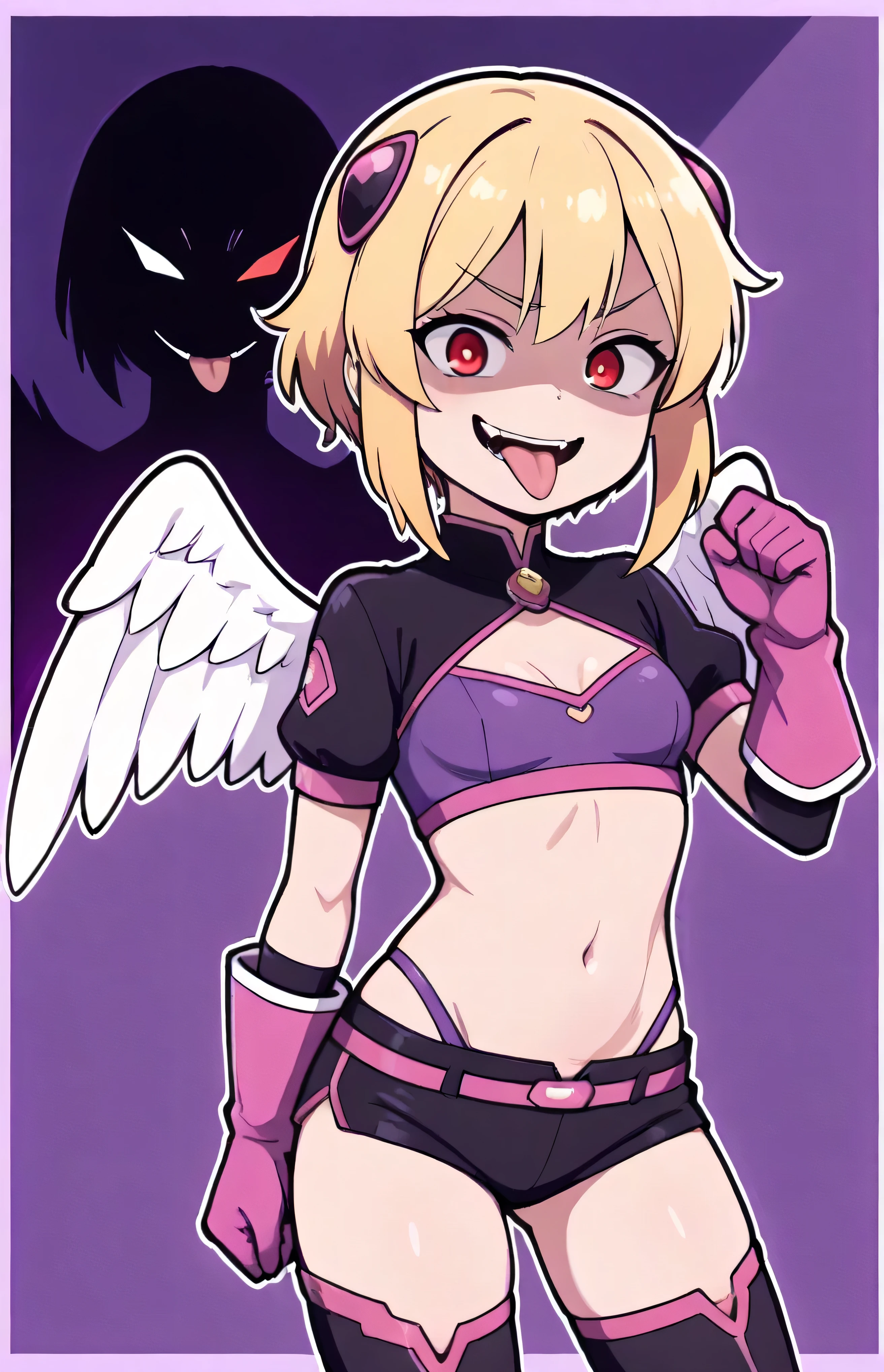 masterpiece, best quality, good quality, newest, CEL, AnFit, red eyes, blonde hair, purple crop top, 1girl, tongue out, black thighhighs, looking at viewer, purple gloves, cowboy shot, short shorts, black shorts, small breasts, highleg panties, hair ornament, purple background, underwear, hand up, panty straps,too evil smile, cleavage cutout, simple background, open mouth, purple panties, two-tone background, pink gloves, sidelocks, outline, , feathered wings, hip ornaments,shaded face(eyes in shadow),li.small height,short hair,villain pose,