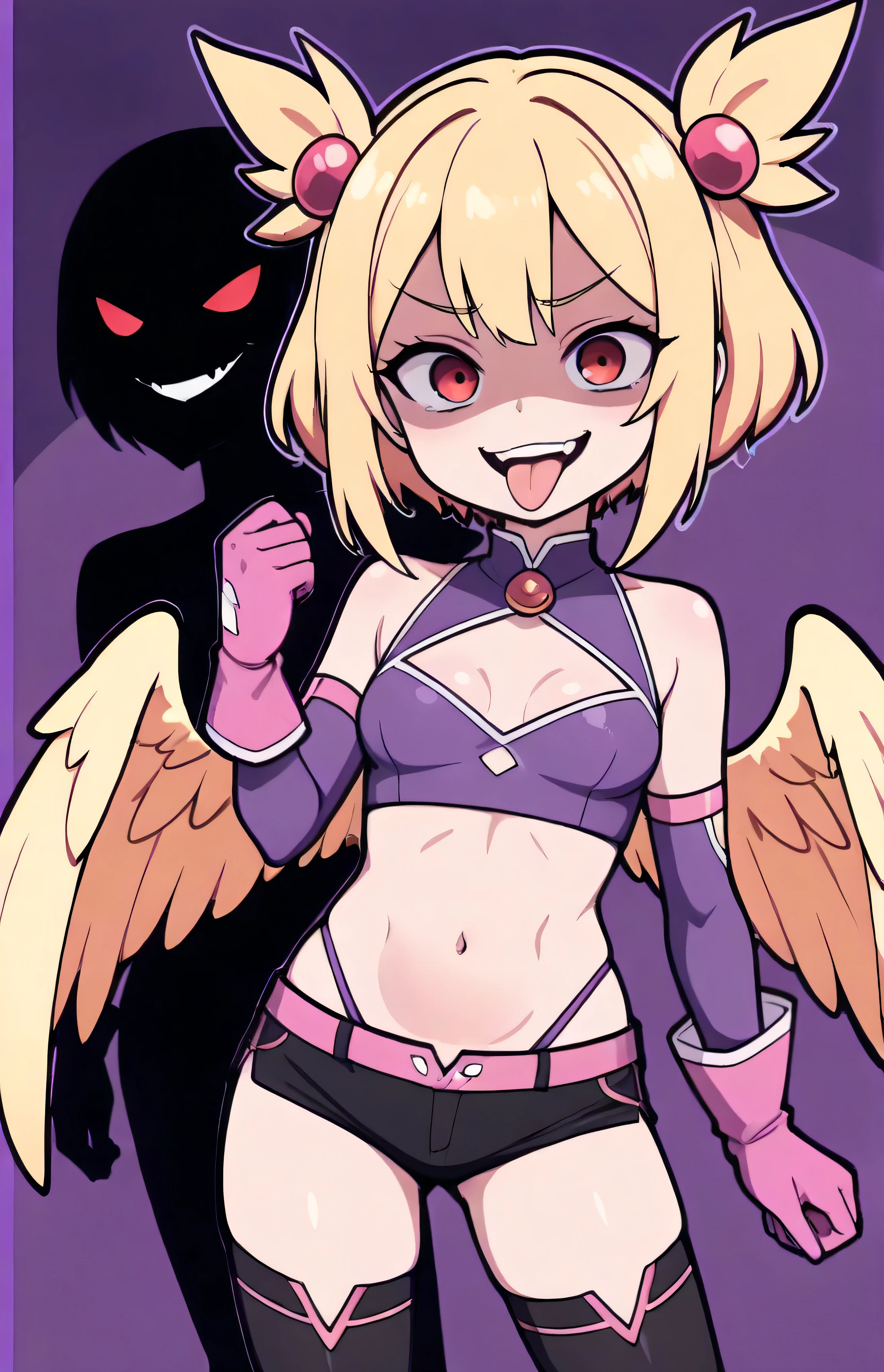 masterpiece, best quality, good quality, newest, CEL, AnFit, red eyes, blonde hair, purple crop top, 1girl, tongue out, black thighhighs, looking at viewer, purple gloves, cowboy shot, short shorts, black shorts, small breasts, highleg panties, hair ornament, purple background, underwear, hand up, panty straps,too evil smile, cleavage cutout, simple background, open mouth, purple panties, two-tone background, pink gloves, sidelocks, outline, , feathered wings,  hip ornaments,shaded face(eyes in shadow),li.small height,short hair,villain pose,