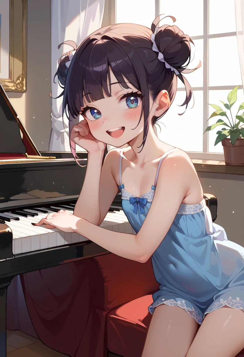 (( top quality )), ((masterpiece)), (be familiar with), perfect face, indoor, bedroom, Watching viewers,
One woman, I was,
 open mouth,  ecstatic expression beside the piano, blush, smile,
 small tits,  flat chest, Young girl, Lori,  s,  girl,
 long hair,  twin bun hair ,
Leg spread,