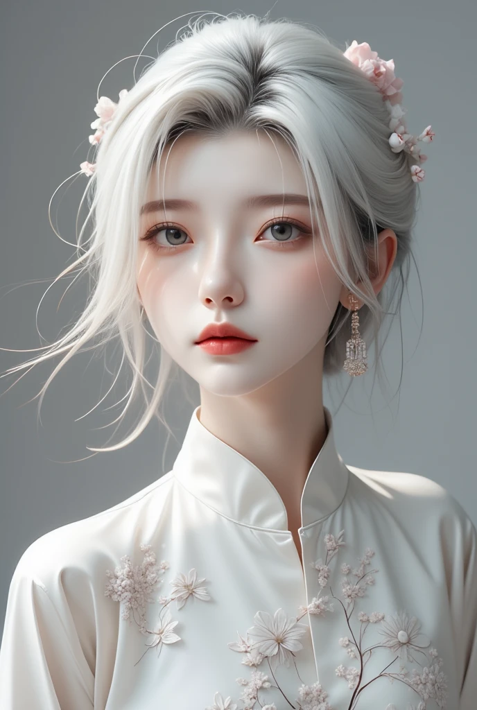 A photorealistic image of a woman,cheongsam, white hair,hip up