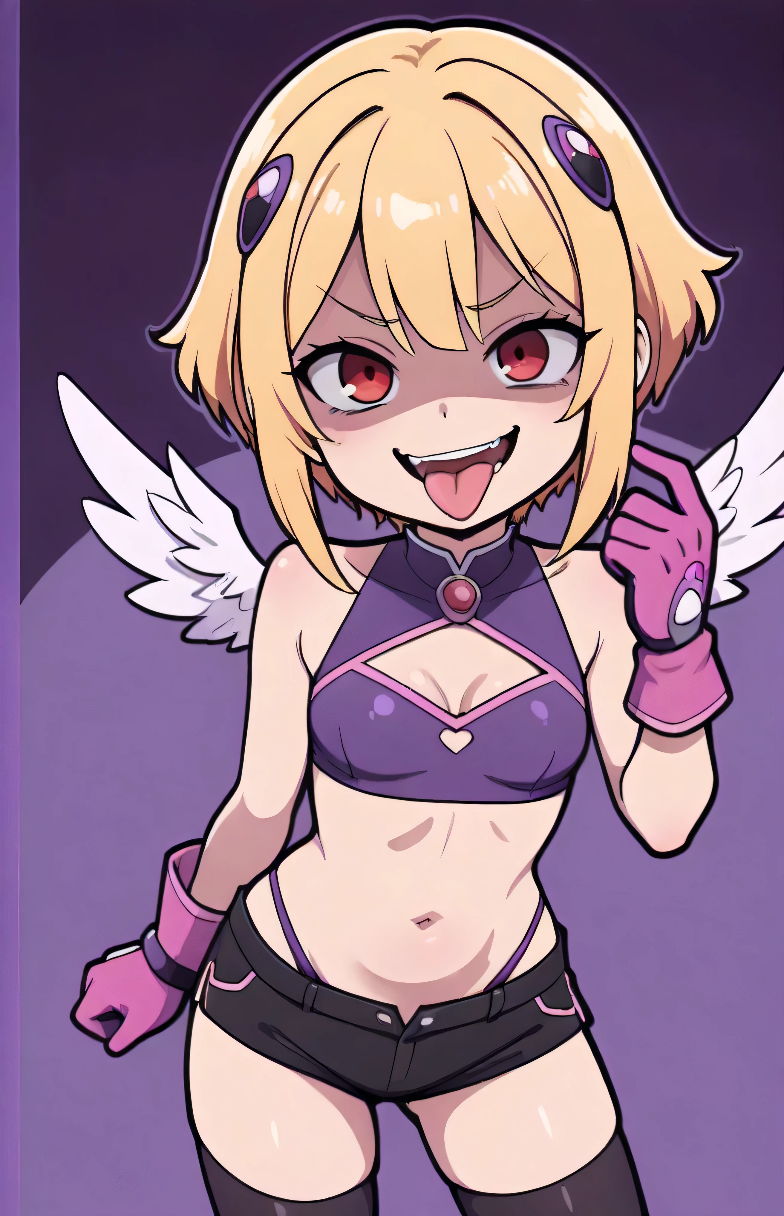 masterpiece, best quality, good quality, newest, CEL, AnFit, red eyes, blonde hair, purple crop top, 1girl, tongue out, black thighhighs, looking at viewer, purple gloves, cowboy shot, short shorts, black shorts, small breasts, highleg panties, hair ornament, purple background, underwear, hand up, panty straps,too evil smile, cleavage cutout, simple background, open mouth, purple panties, two-tone background, pink gloves, sidelocks, outline, , feathered wings,  hip ornaments,shaded face(eyes in shadow),li.small height,short hair,villain pose,