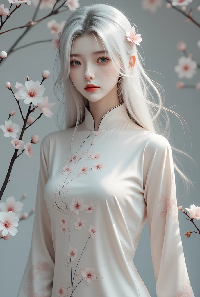 A photorealistic image of a woman,cheongsam, white hair,hip up,zaiji