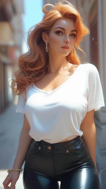 (masutepiece, Best Quality), ultra-detailliert, Photorealsitic, Beautiful woman with red hair, ((Details Sheer White Open Shirt)), (satin flowing long Skirt), Knitted sandals, a necklace, Wavy Hair, Perfect face, Clean face, enticing, big gorgeous eyes, I have my mouth wide open, makeup, red-lips, Happy, Voluptuous body, seducting smile, Glamorous body, Big ass, (plein air), Rural town, Pasture, Bright colors, Gravure Pose, suggestive pose, butt facing camera