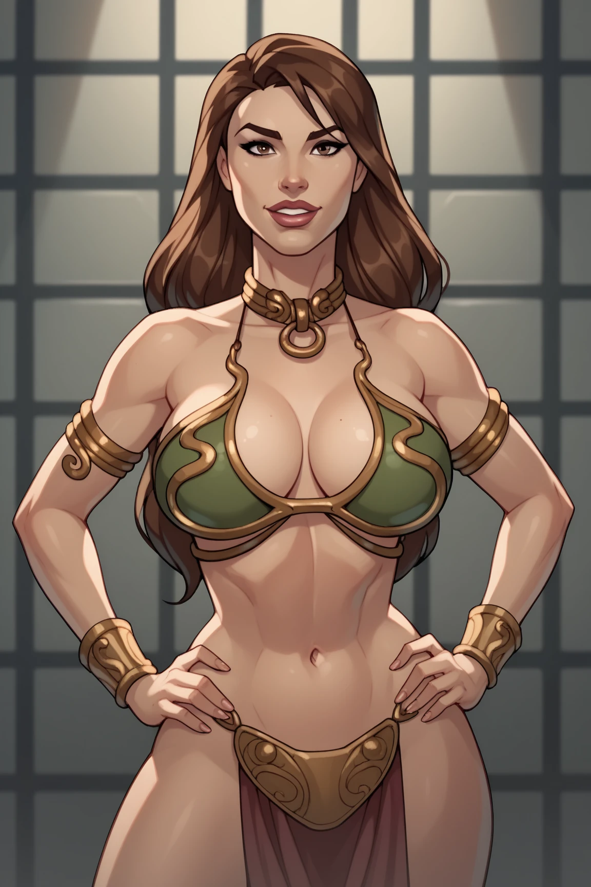 score_9, score_8_up, score_7_up, score_6_up, score_5_up, score_4_up, BREAK, 1girl, BlackwidowAVA, solo,long hair,brown hair,brown eyes,lips,
prison background, cell, (Hourglass figure:1.2), grinning, sultry, sultry face, big breasts, slave leia outfit, hands on hips, she's looking at the camera with a calm smile,