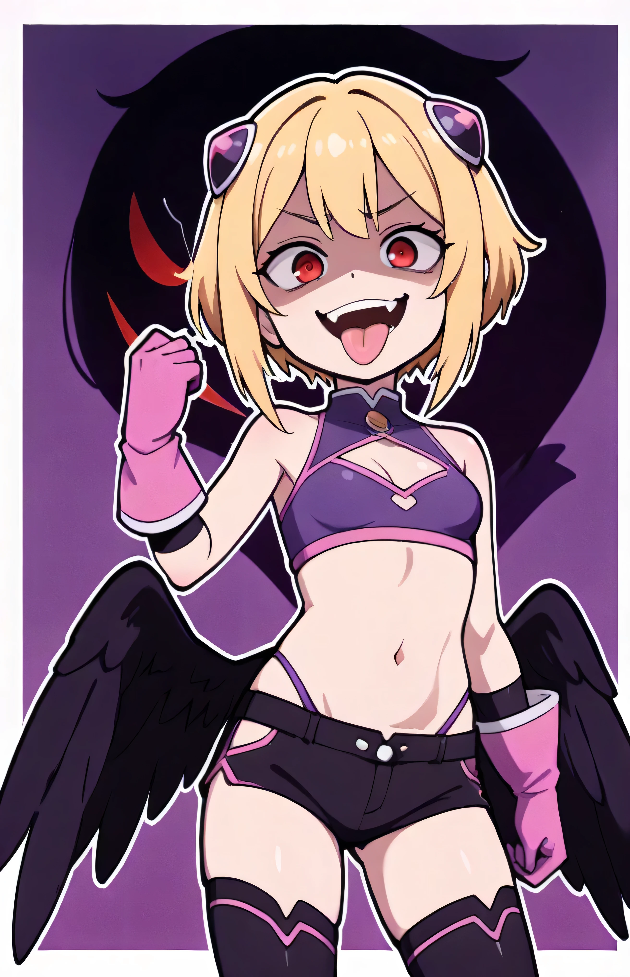 masterpiece, best quality, good quality, newest, CEL, AnFit, red eyes, blonde hair, purple crop top, 1girl, tongue out, black thighhighs, looking at viewer, purple gloves, cowboy shot, short shorts, black shorts, small breasts, highleg panties, hair ornament, purple background, underwear, hand up, panty straps,too evil smile, cleavage cutout, simple background, open mouth, purple panties, two-tone background, pink gloves, sidelocks, outline, , feathered wings,  hip ornaments,shaded face(eyes in shadow),li.small height,short hair,villain pose,
