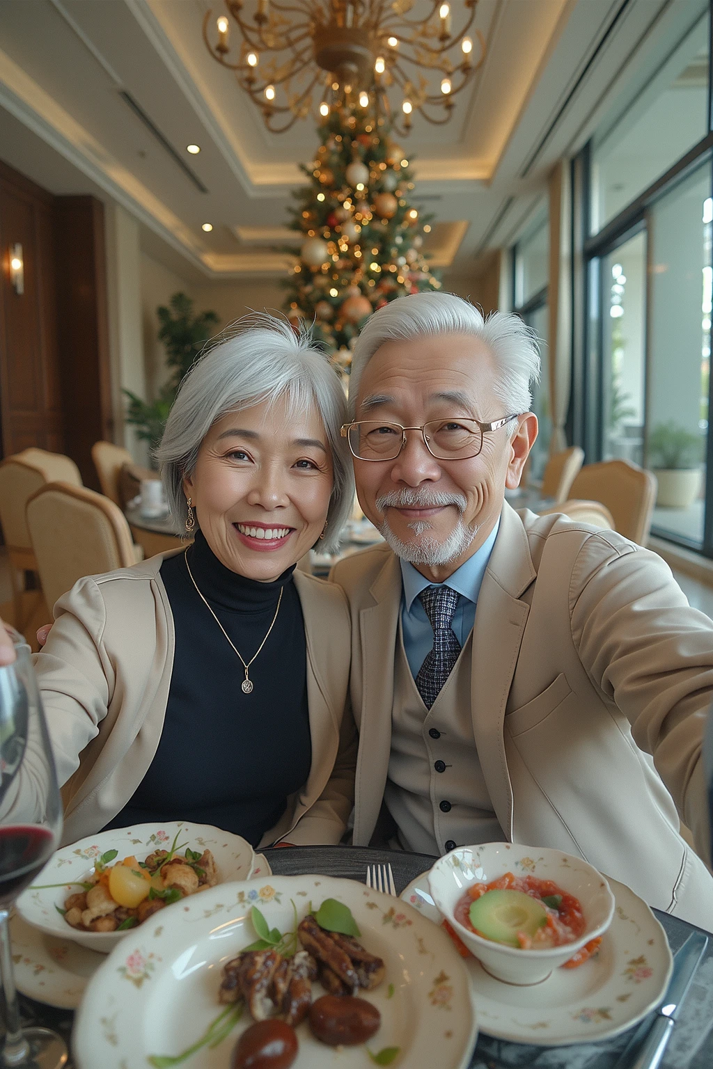 A 58-year-old Asian couple had a Christmas lunch  at a villa in Singapore, taking a selfie from the first person perspective. (Wearing high-end, stylish autumn brand clothing)