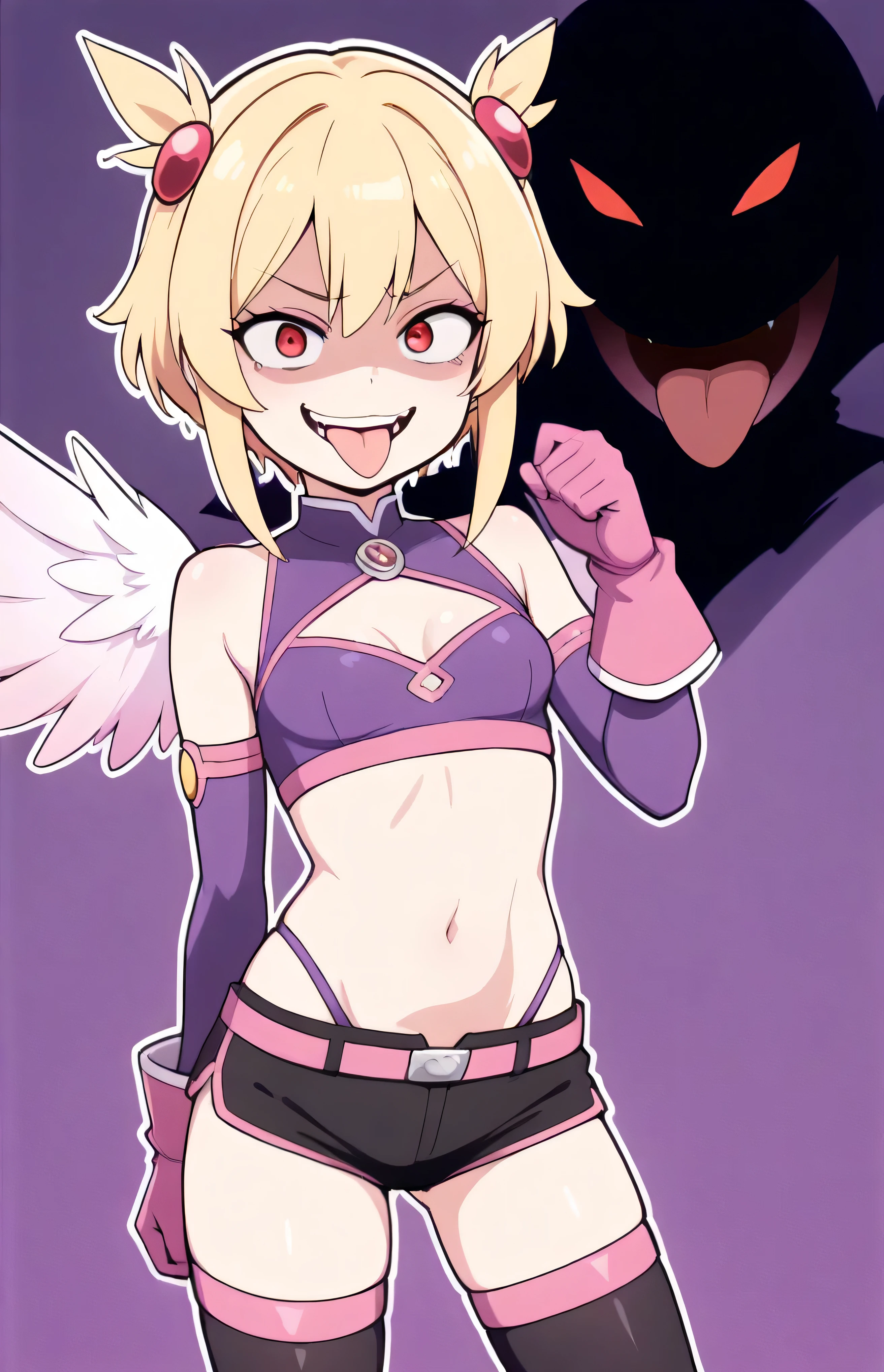 masterpiece, best quality, good quality, newest, CEL, AnFit, red eyes, blonde hair, purple crop top, 1girl, tongue out, black thighhighs, looking at viewer, purple gloves, cowboy shot, short shorts, black shorts, small breasts, highleg panties, hair ornament, purple background, underwear, hand up, panty straps,too evil smile, cleavage cutout, simple background, open mouth, purple panties, two-tone background, pink gloves, sidelocks, outline, , feathered wings, hip ornaments,shaded face(eyes in shadow),li.small height,short hair,villain pose,violence,