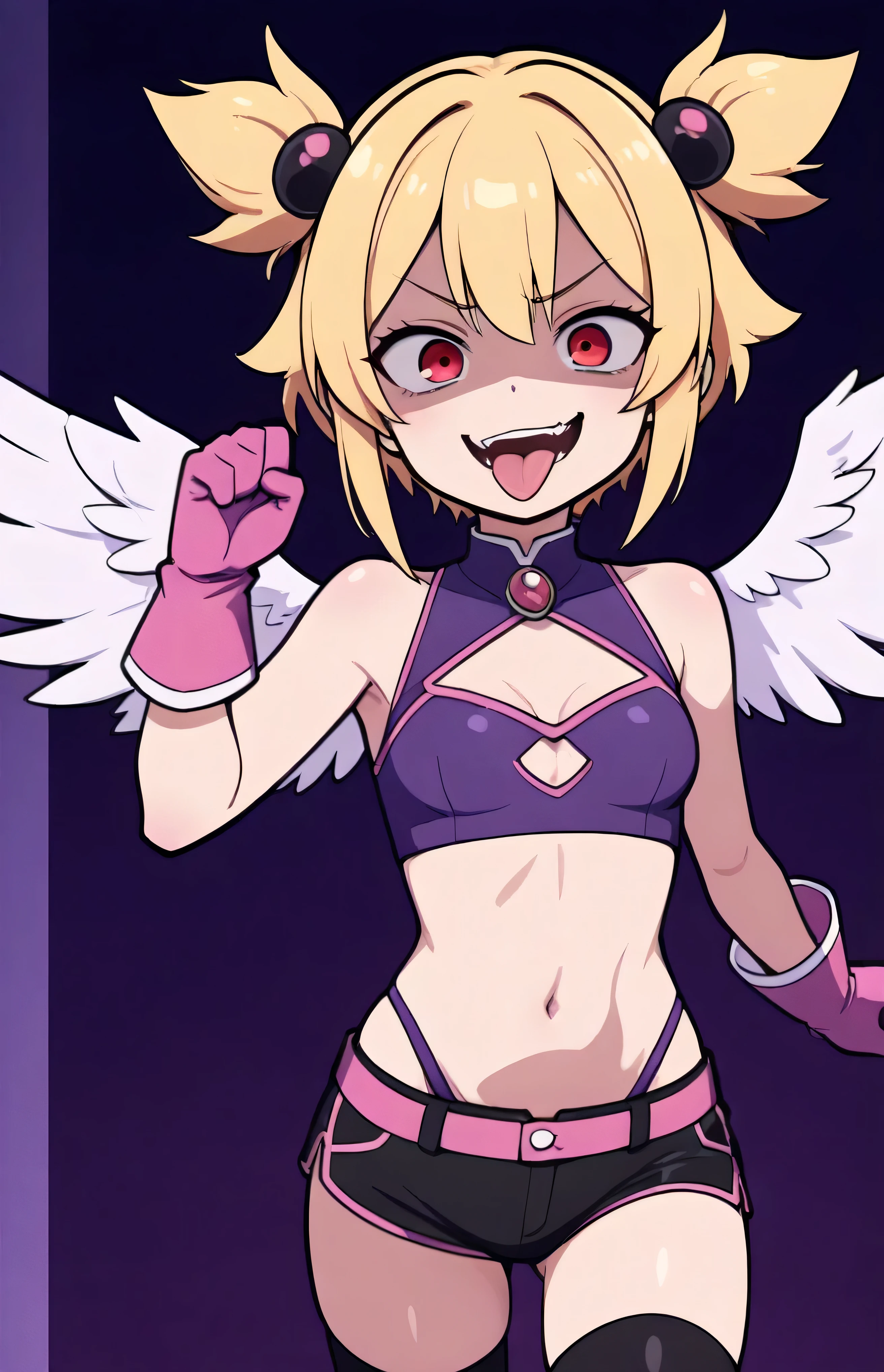 masterpiece, best quality, good quality, newest, CEL, AnFit, red eyes, blonde hair, purple crop top, 1girl, tongue out, black thighhighs, looking at viewer, purple gloves, cowboy shot, short shorts, black shorts, small breasts, highleg panties, hair ornament, purple background, underwear, hand up, panty straps,too evil smile, cleavage cutout, simple background, open mouth, purple panties, two-tone background, pink gloves, sidelocks, outline, , feathered wings, hip ornaments,shaded face(eyes in shadow),li.small height,short hair,villain pose,violence,