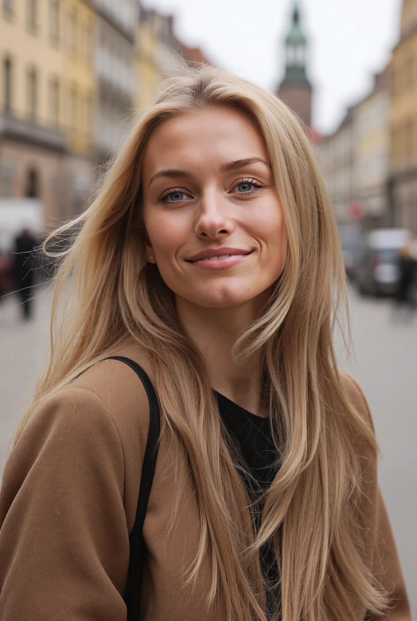 A Scandinavian-inspired woman with blonde, long, naturally flowing hair, featuring soft and delicate facial features typical of Swedish or Norwegian heritage. She has a warm, friendly smile and an approachable demeanor. the background is in the street at Copenhagen