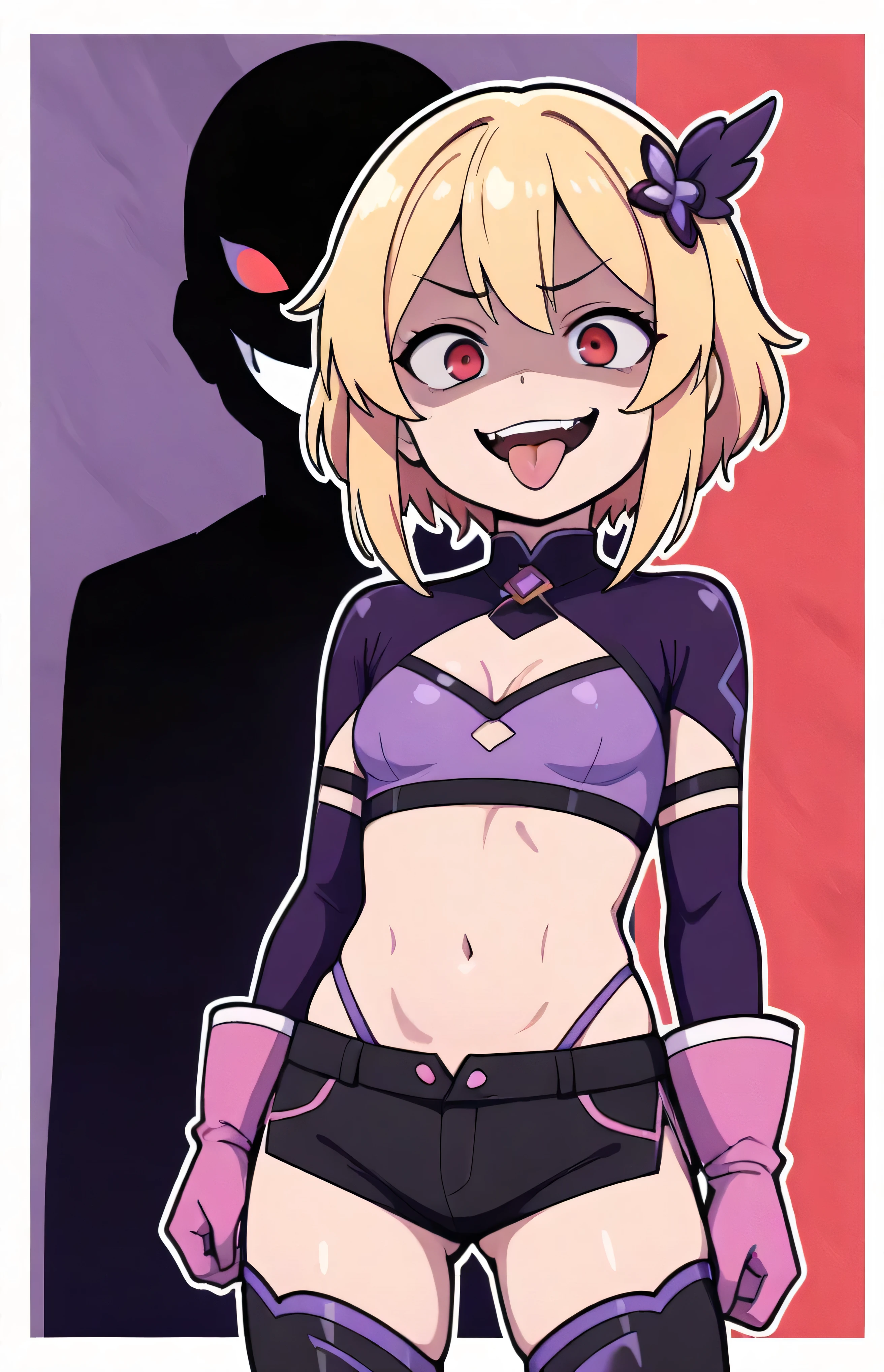 masterpiece, best quality, good quality, newest, THE, AnFit , red eyes, blonde hair, purple crop top, 1girl, tongue out, black thighhighs, looking at viewer, purple gloves, cowboy shot, short shorts, black shorts, small breasts, highleg panties, hair ornament,, underwear, hand up, panty straps,too evil smile, cleavage cutout,  open mouth, purple panties, two-tone background, pink gloves, sidelocks, outline, , feathered wings,  hip ornaments,shaded face(eyes in shadow),li.small height,short hair,villain pose,violence, bloody church background