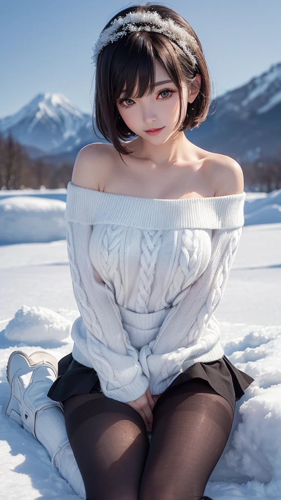 (a closeup:1.4)、(Raw photography:1.2)、(Photorealsitic:1.4)、(​masterpiece:1.3)、(top-quality:1.4)、dream-like、(A detailed eye)、(detailed facial features)、(detailed clothes features)、Clear skin、(shinny skin)、(Slender and beautiful girl)、(Beautiful leg lines)、one girls、(FULL BODYSHOT)、独奏、cute little、Happy smiling face、(huge-breasted)、beauty breast、(cleavage of the breast)、(erectile nipple:1.2)、bangss、(a short bob:1.2)、(White wool sweater、off shoulders、a miniskirt、Black thick pantyhose、Snow boots:1.3)、Raise both hands、Panties are visible、obscenity、erotick、(snow mountains、snowscape:1.3)、Snow flickers、bokeh dof、
