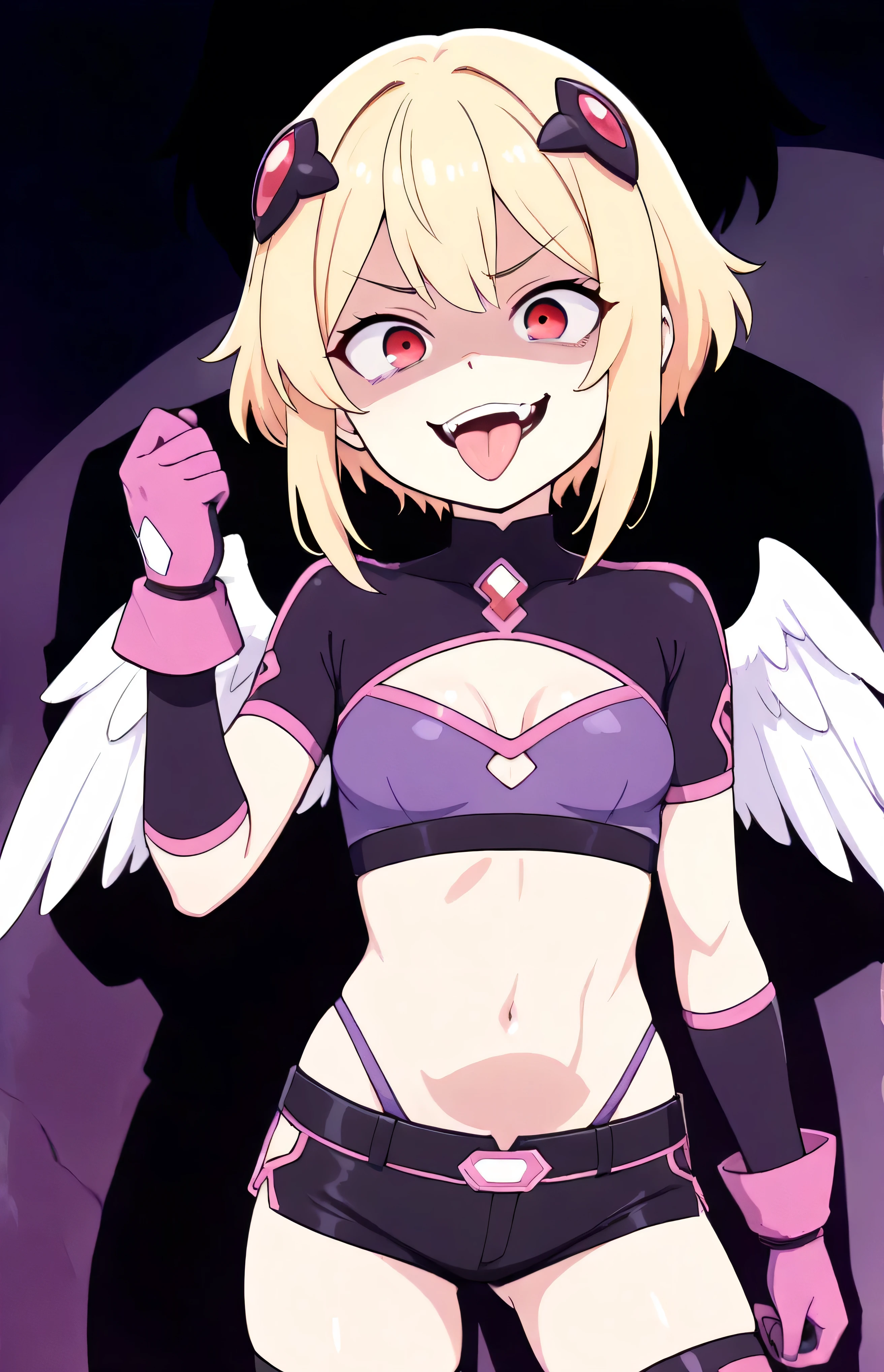 masterpiece, best quality, good quality, newest, THE, AnFit , red eyes, blonde hair, purple crop top, 1girl, tongue out, black thighhighs, looking at viewer, purple gloves, cowboy shot, short shorts, black shorts, small breasts, highleg panties, hair ornament,, underwear, hand up, panty straps,too evil smile, cleavage cutout, open mouth, purple panties, two-tone background, pink gloves, sidelocks, outline, , feathered wings, hip ornaments,shaded face(eyes in shadow),li.small height,short hair,villain pose,violence, bloody church background