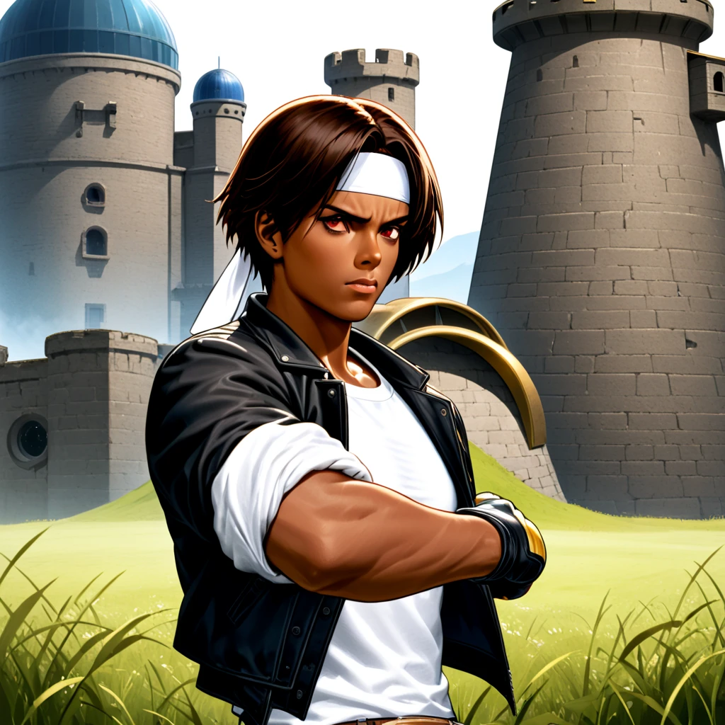   (masterpiece), (top quality), one girl, alone, dark hair, red eyes, sleeves rolled up , bangs, short hair, dark skin tone, (( black jacket with sleeves rolled up )), fingerless gloves, white t-shirt, (( white headband )), black pants, white shoes, brown belt, ( forehead with furrowed brow )), portrait, compensating, (old castle), observatory, meadow