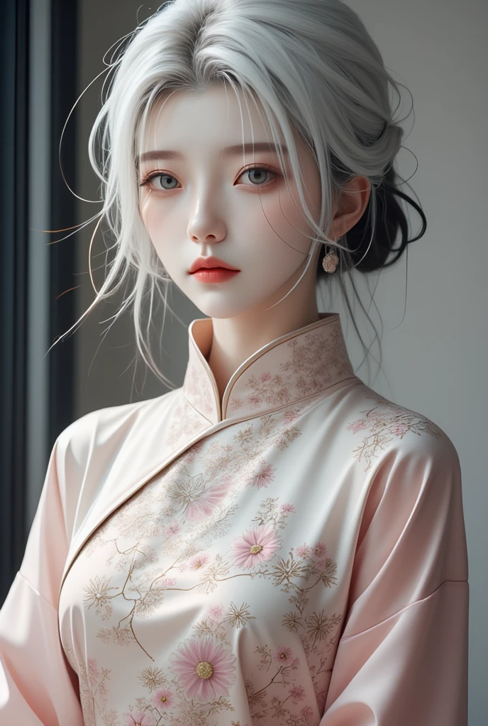 A photorealistic image of a woman,cheongsam, white hair,hip up,