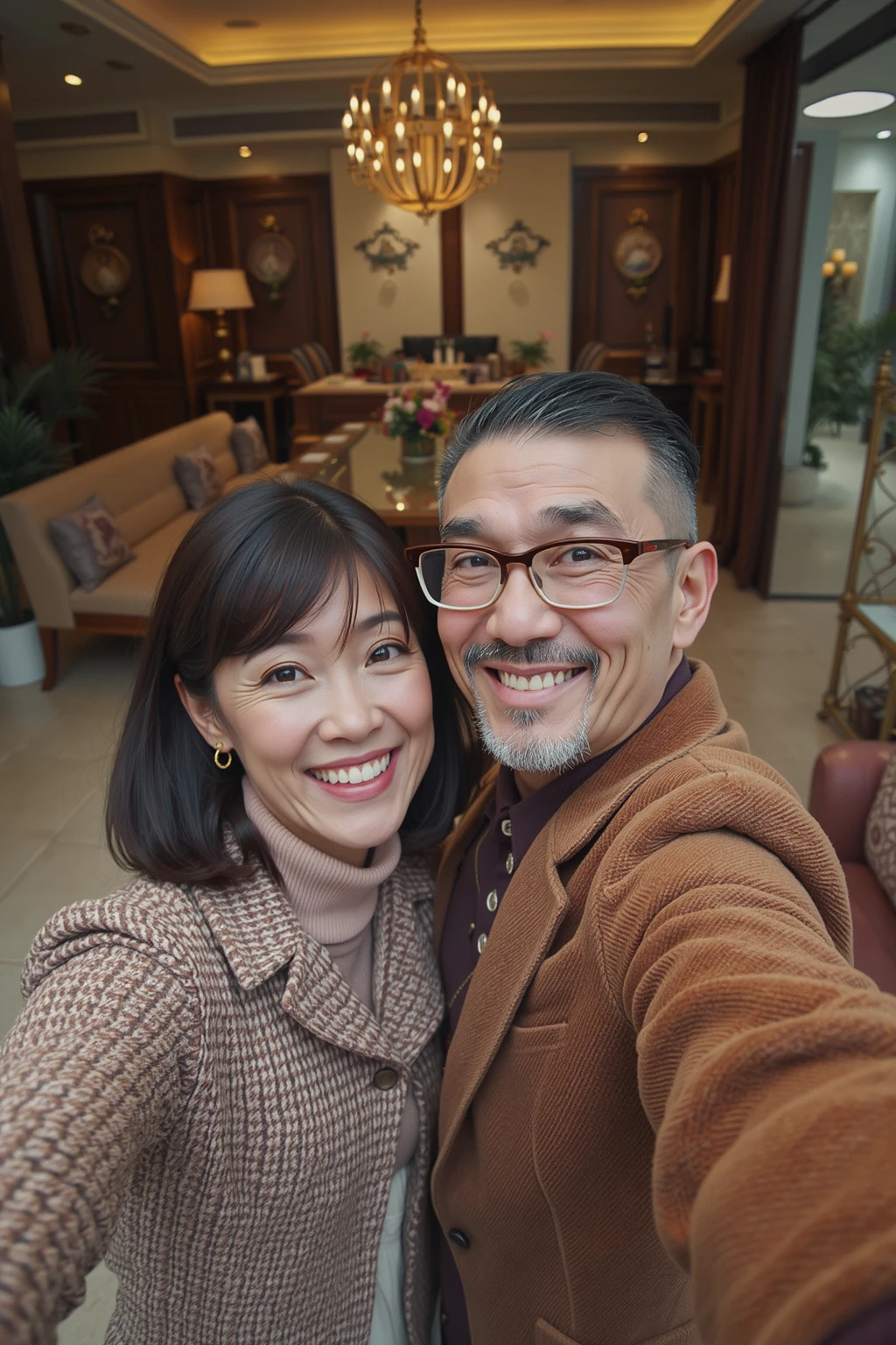 A 55-year-old Asian couple had a Christmas lunch  at a villa in Singapore, taking a selfie from the first person perspective. (Wearing high-end, stylish autumn brand clothing)