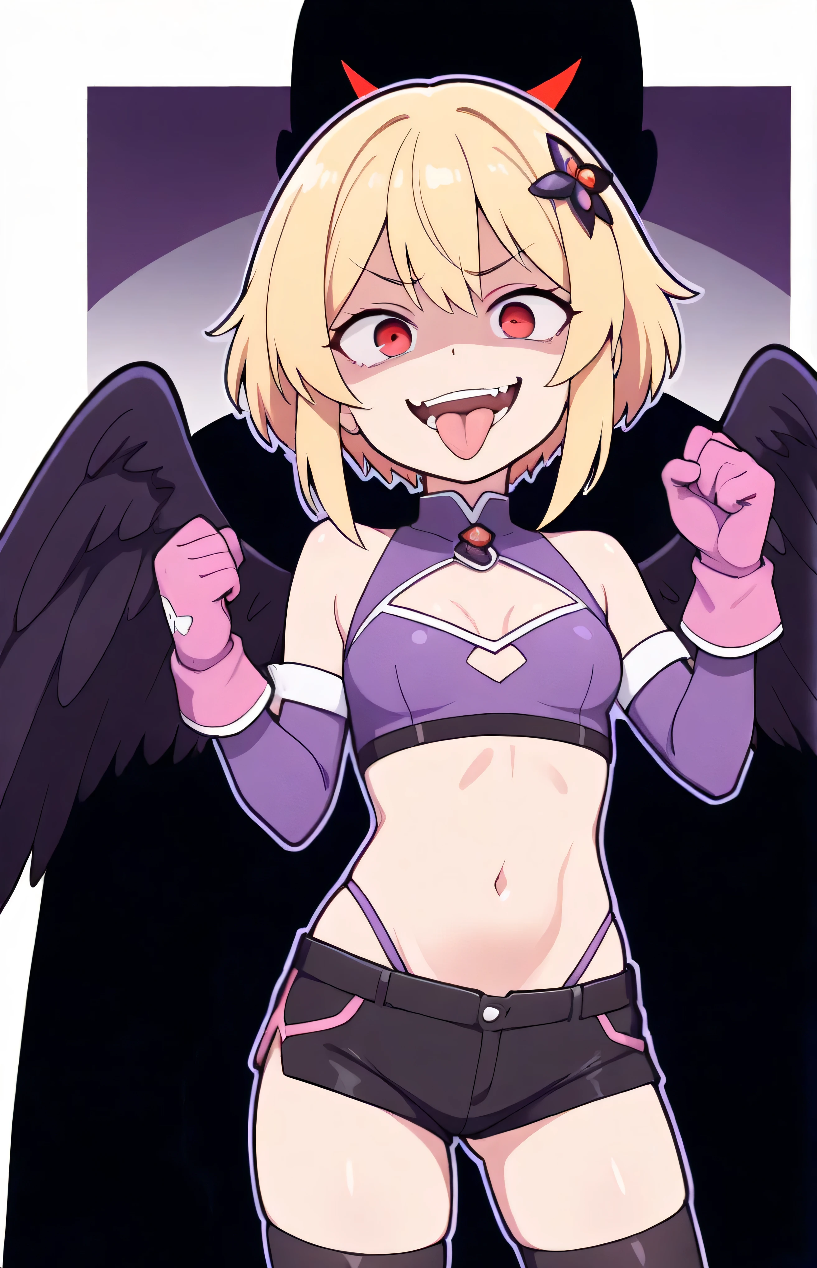 masterpiece, best quality, good quality, newest, THE, AnFit , red eyes, blonde hair, purple crop top, 1girl, tongue out, black thighhighs, looking at viewer, purple gloves, cowboy shot, short shorts, black shorts, small breasts, highleg panties, hair ornament,, underwear, hand up, panty straps,too evil smile, cleavage cutout, open mouth, purple panties, two-tone background, pink gloves, sidelocks, outline, , feathered wings, hip ornaments,shaded face(eyes in shadow),li.small height,short hair,villain pose,violence, bloody church background