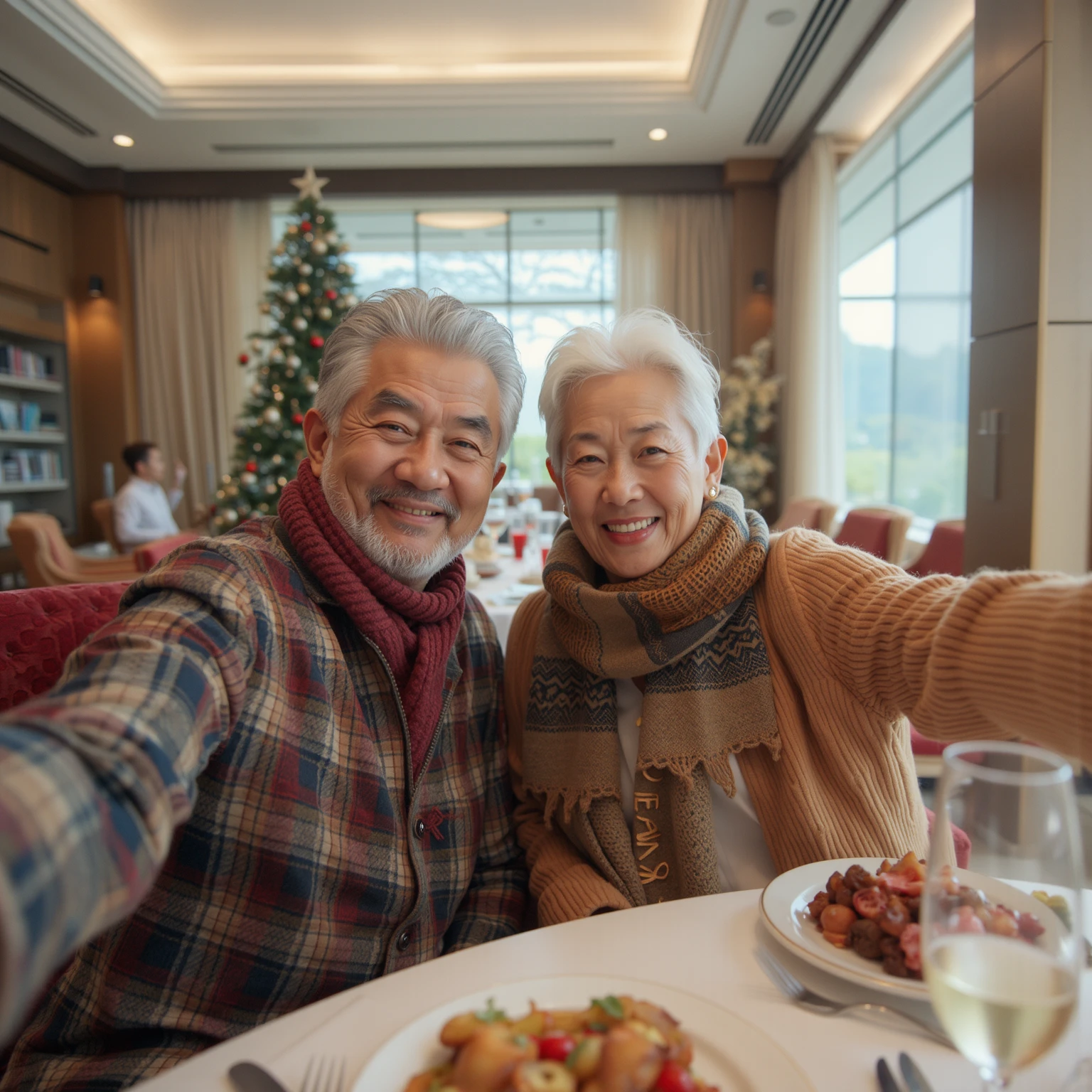 A 55-year-old Asian couple had a Christmas lunch  at a villa in Singapore, taking a selfie from the first person perspective. (Wearing high-end, stylish autumn brand clothing)