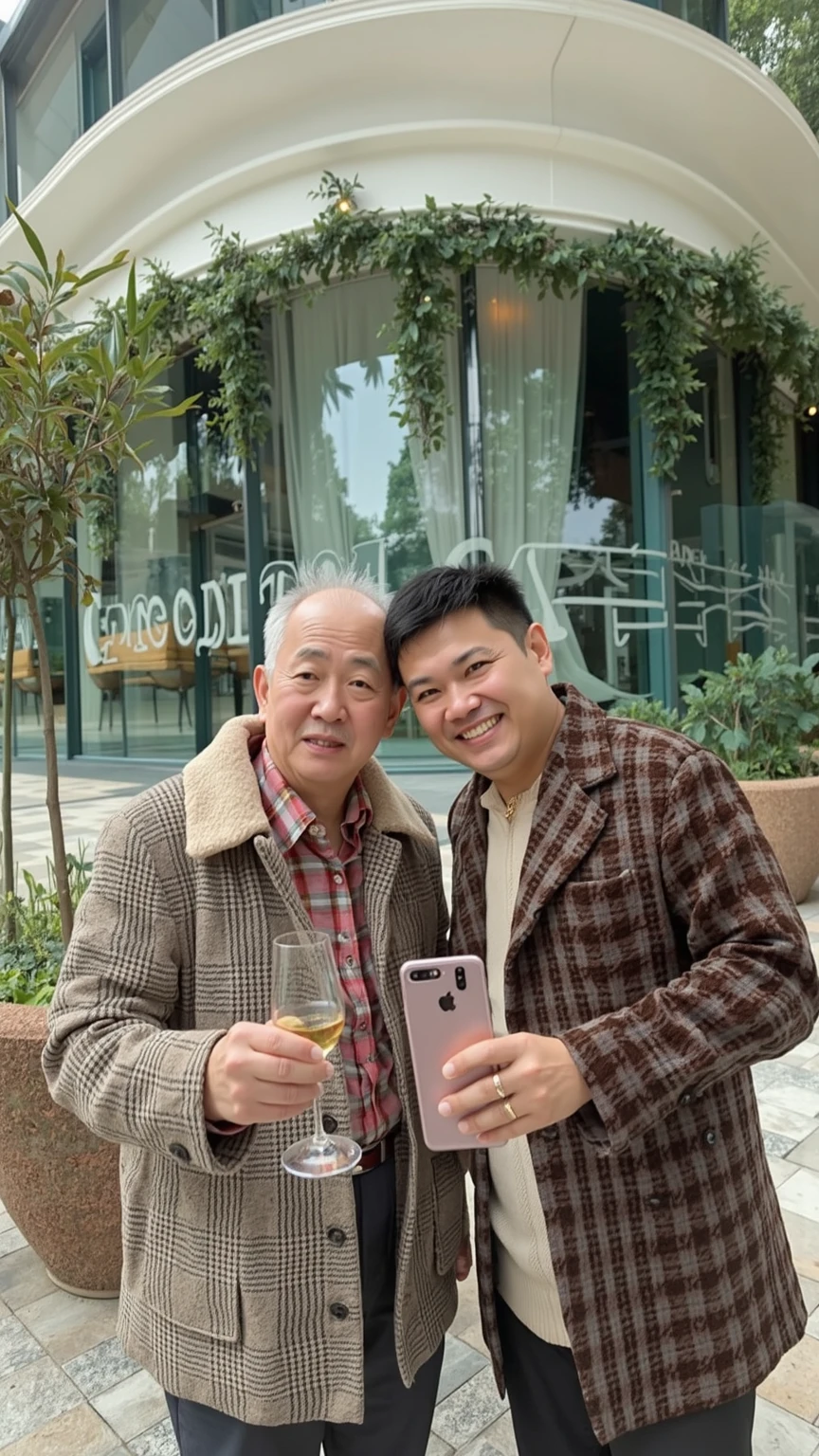 A 55-year-old Asian couple had a Christmas lunch  at a villa in Singapore, taking a selfie from the first person perspective. (Wearing high-end, stylish autumn brand clothing)