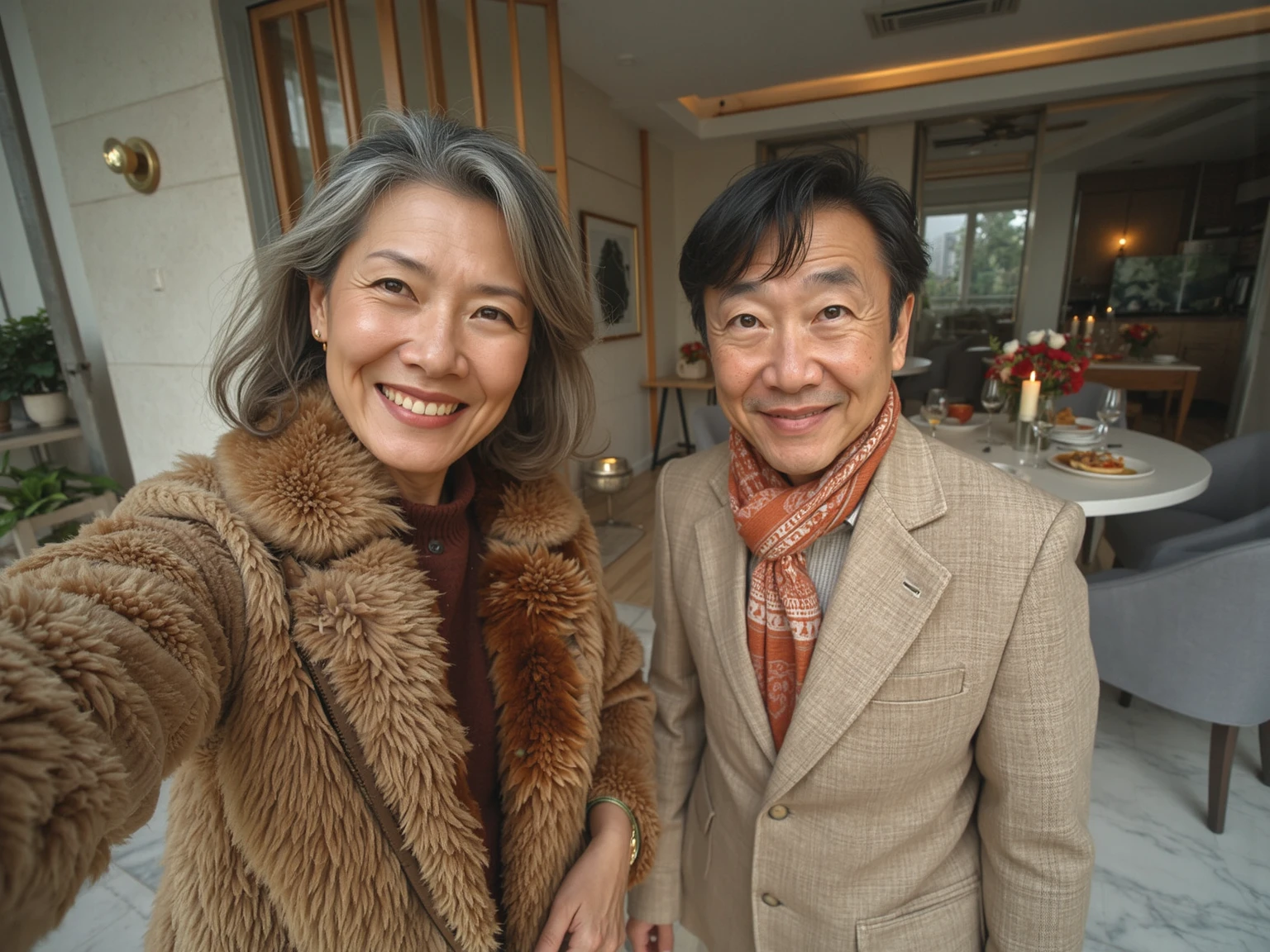 A 55-year-old Asian couple had a Christmas lunch  at a villa in Singapore, taking a selfie from the first person perspective. (Wearing high-end, stylish autumn brand clothing)