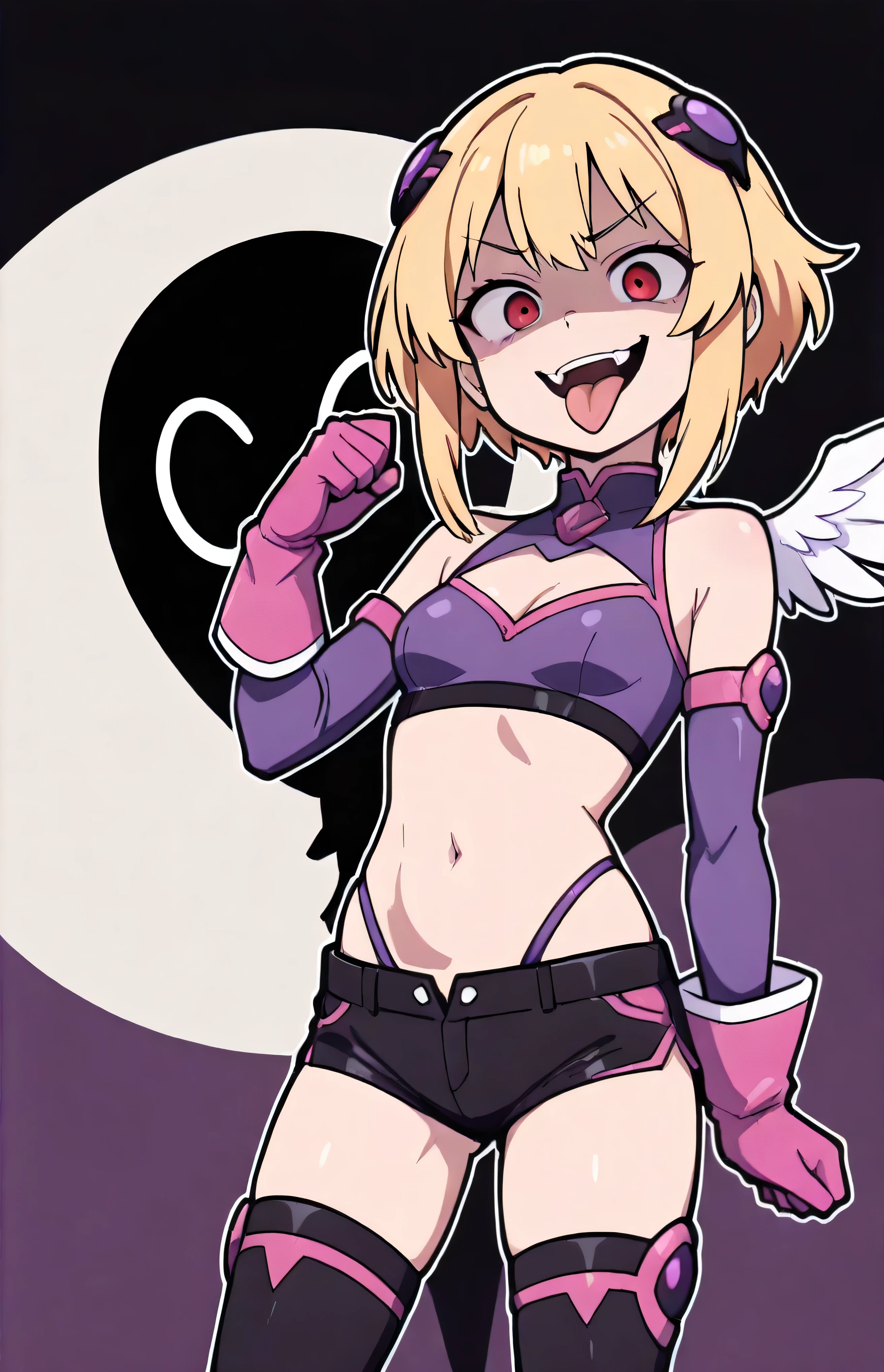 masterpiece, best quality, good quality, newest, THE, AnFit , red eyes, blonde hair, purple crop top, 1girl, tongue out, black thighhighs, looking at viewer, purple gloves, cowboy shot, short shorts, black shorts, small breasts, highleg panties, hair ornament,, underwear, hand up, panty straps,too evil smile, cleavage cutout,  open mouth, purple panties, two-tone background, pink gloves, sidelocks, outline, , feathered wings,  hip ornaments,shaded face(eyes in shadow),loli.small height,short hair,villain pose,violence, bloody church background