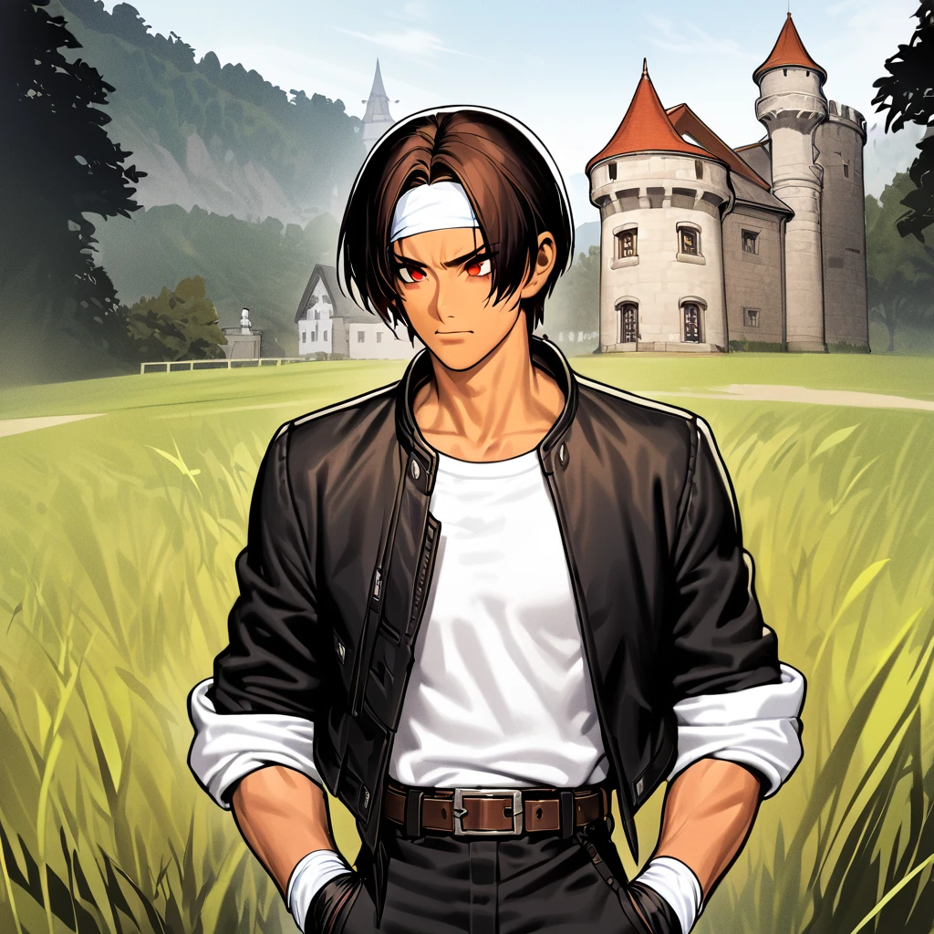   (masterpiece), (top quality), one girl, alone, dark hair, red eyes, sleeves rolled up , bangs, short hair, dark skin tone, (( black jacket with sleeves rolled up )), fingerless gloves, white t-shirt, (( white headband )), black pants, white shoes, brown belt, ( forehead with furrowed brow )), portrait, compensating, (old castle), observatory, meadow