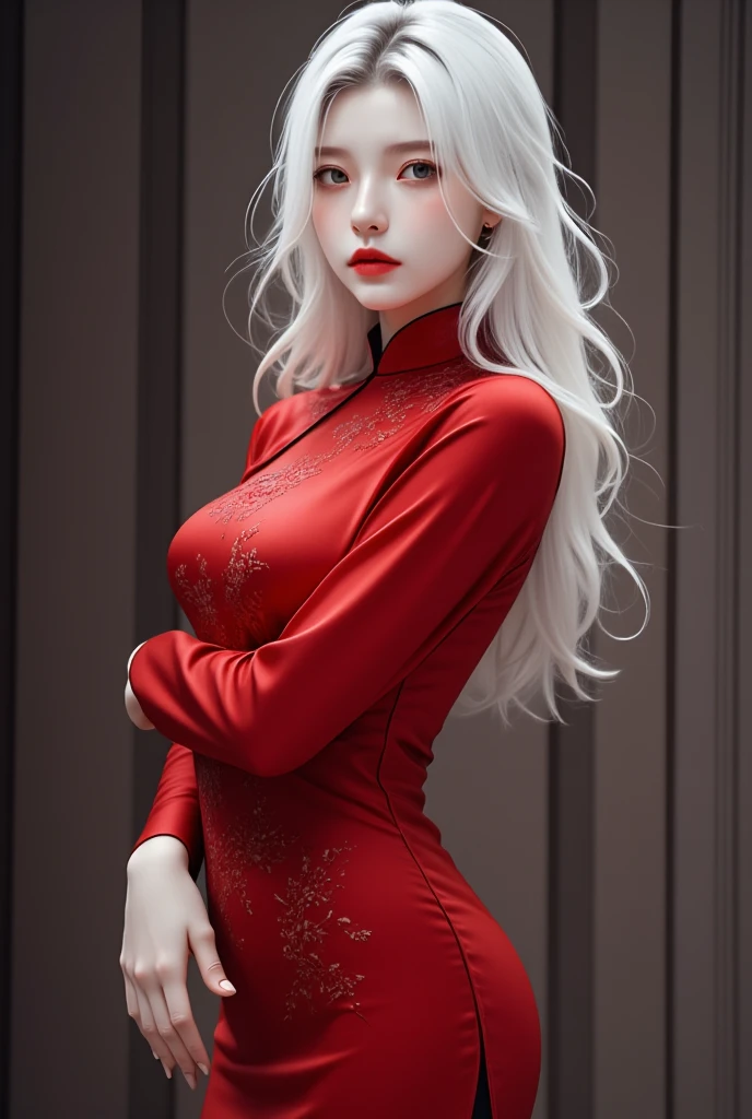 A photorealistic image of a woman,sexy cheongsam, white hair,hip up,