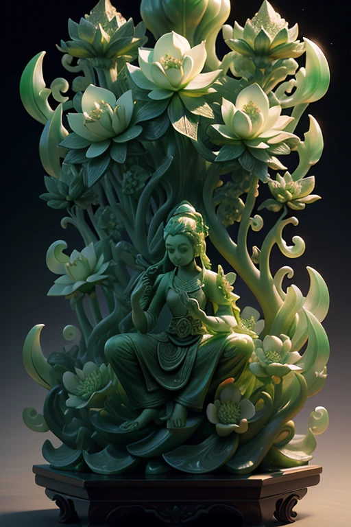 jade pieces ,  that are carved in low relief and high reliefA complex and detailed picture, in green, Flowers und ein Phönix schweben,  beautiful jade work , Flowers