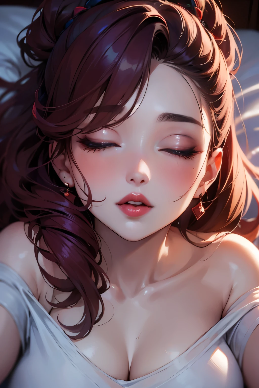 Sexy woman, eyes closed, mouth open, very deep blush, tip of the nose is red, long neck, off shoulder pink sweater, medium chest, visible cleavage, bedroom, warm lighting ,in bed