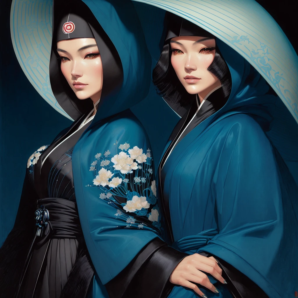  a close up of a woman wearing a blue coat with a hood over her head, benjamin lacombe, Japanese art style, old Japanese art, Japanese art,  portrait of Martin Ansin's artwork , chie yoshii, Naotsugu Hattori, Artgerm and Tom Bagshaw,   pop Japonisme 3D ultra detailed  ,  artgerm and James Jean 