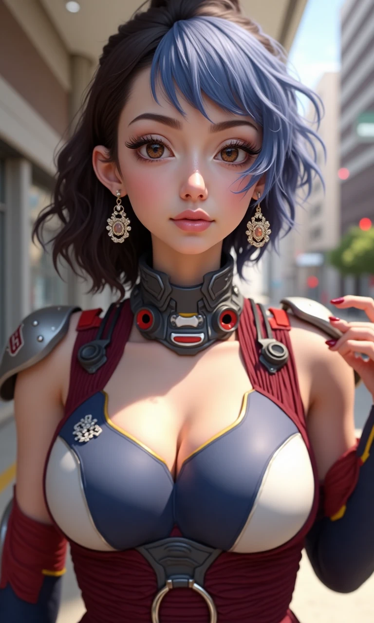 young woman, in their twenties, black hair, messy bun, blue on the inside of the back of the hair, pink eyes, bold mechanical clothing, voluptuous body, high altitude, Winning smile 