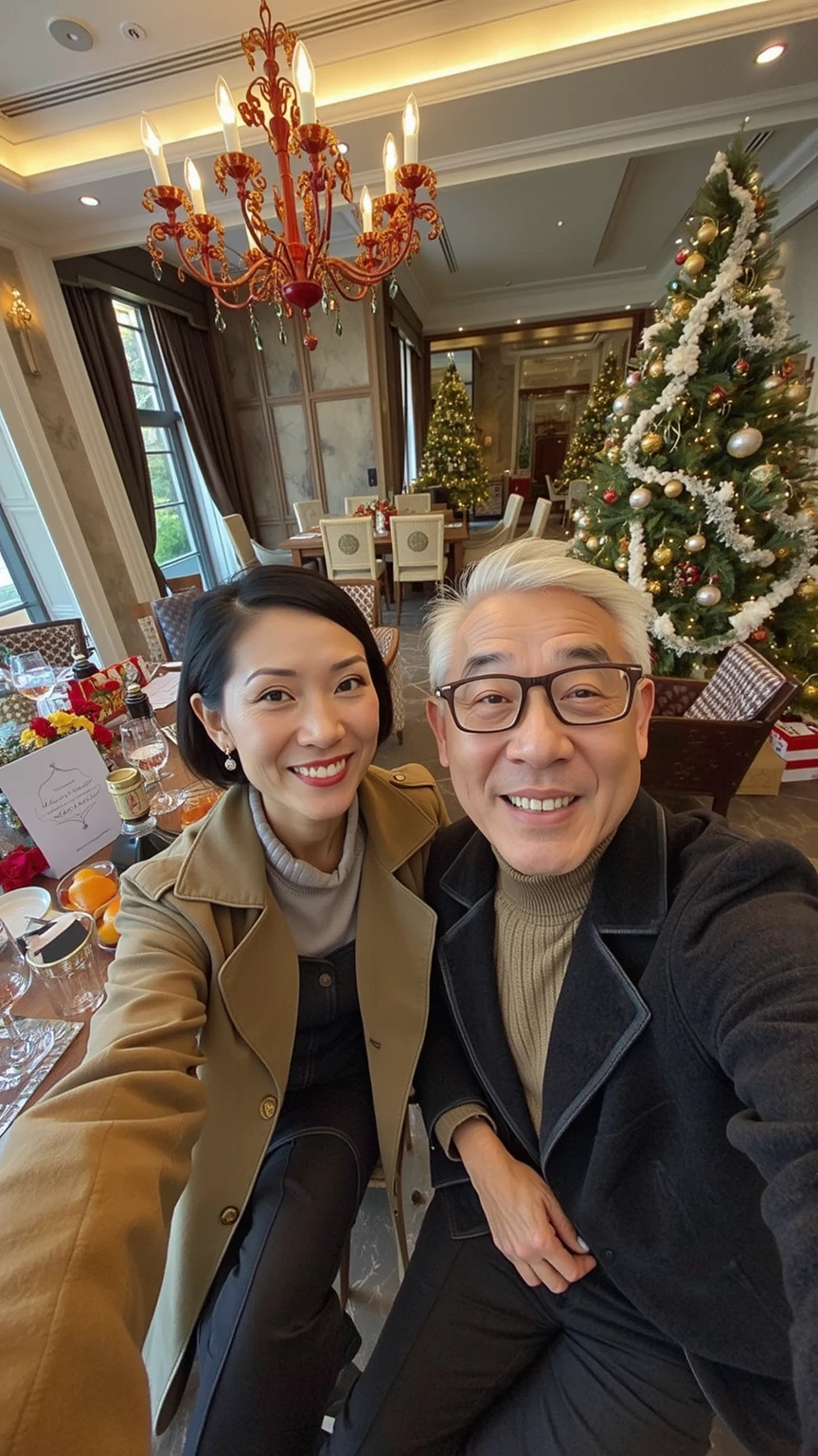 A 55-year-old Asian couple had a Christmas lunch  at a villa in Singapore, taking a selfie from the first person perspective. (Wearing high-end, stylish autumn brand clothing)