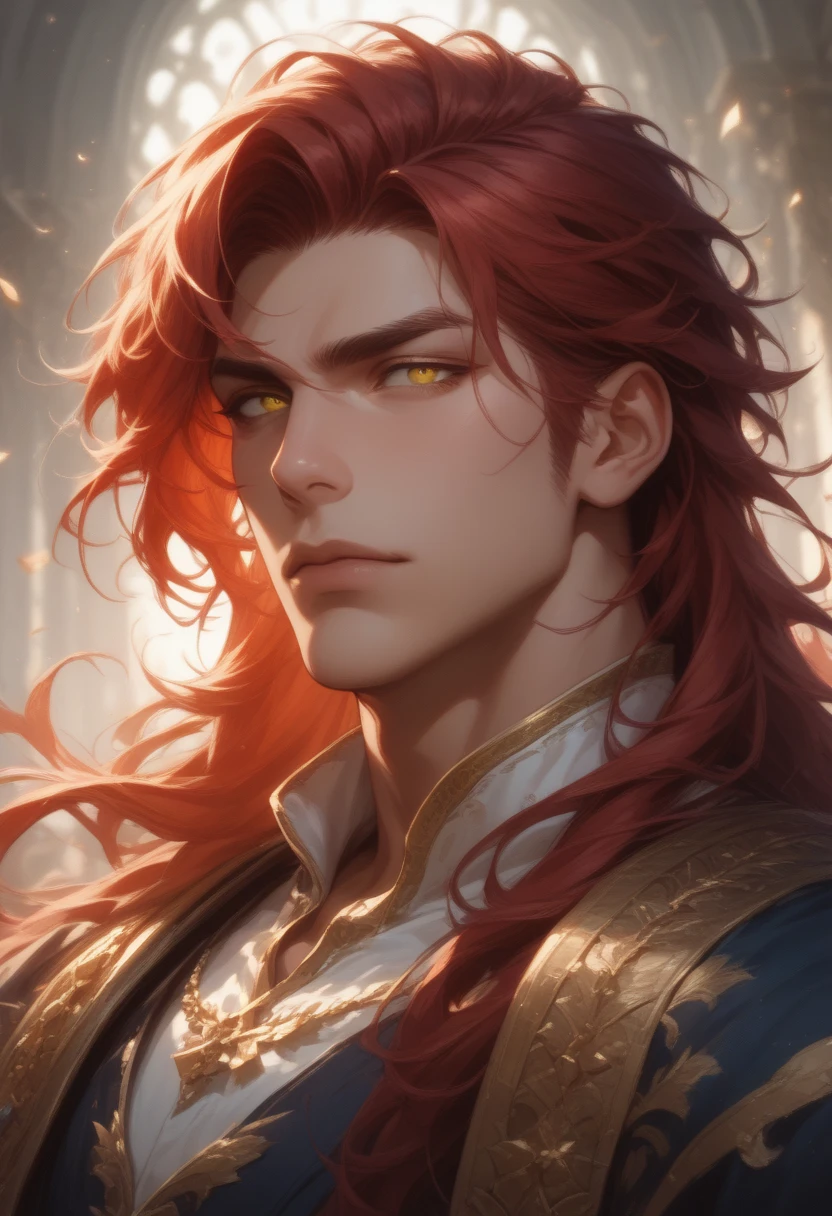 (score_9, score_8_up), score_7_up, masterpiece, high resolution, top quality, exquisite, unique, 1 male, mature handsome guy,  red hair, long hair, yellow eyes