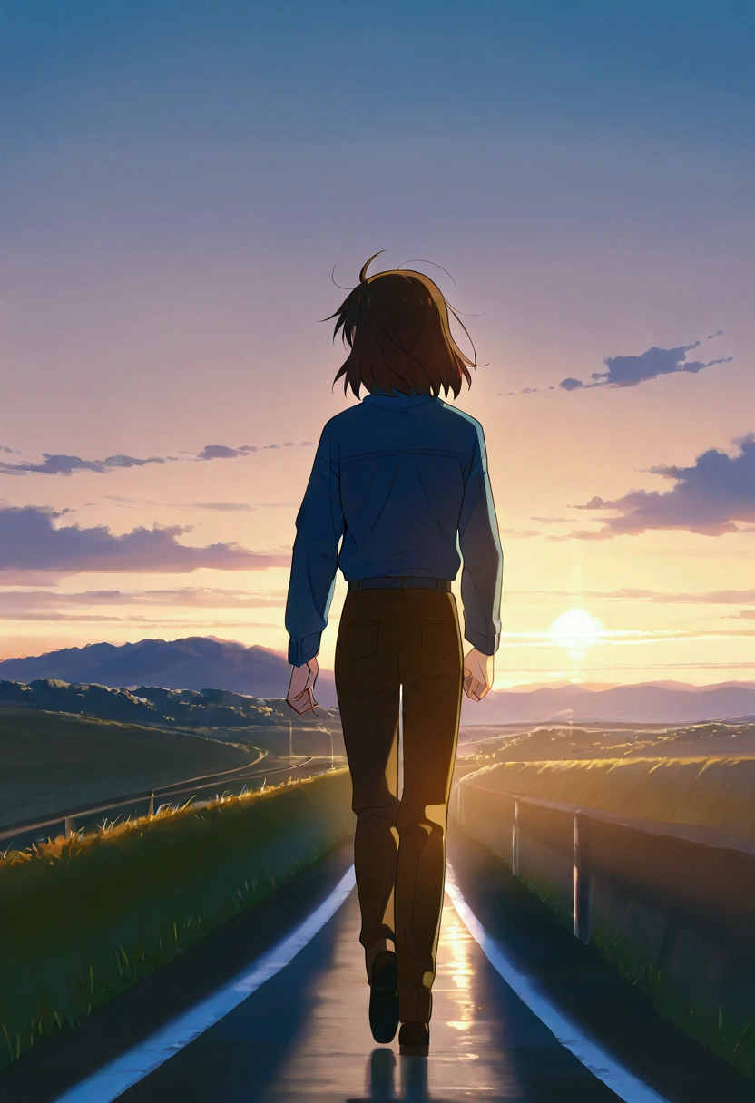 a woman walking down a dirt road towards a sunset, ( ( makoto shinkai ) ), style of makoto shinkai, makoto shinkai. —h 2160, anime. by makoto shinkai, mokoto shinkai, makoto shinkai!, by Makoto Shinkai, by makoto shinkai, in style of makoto shinkai