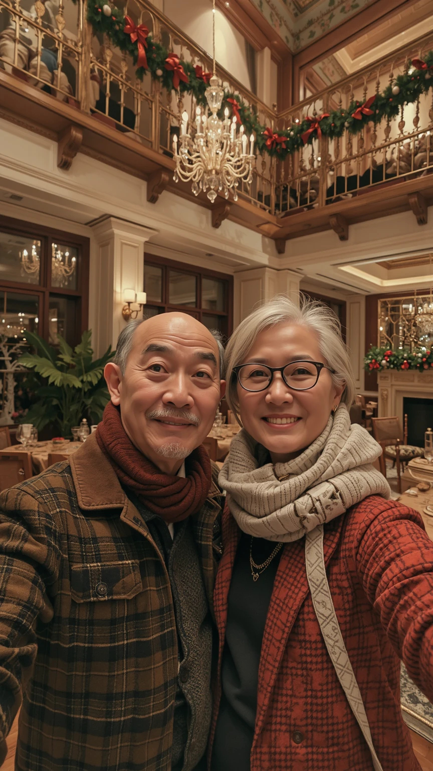 A 56-year-old Asian couple had a Christmas lunch  at a villa in Singapore, taking a selfie from the first person perspective. (Wearing high-end, stylish autumn brand clothing)