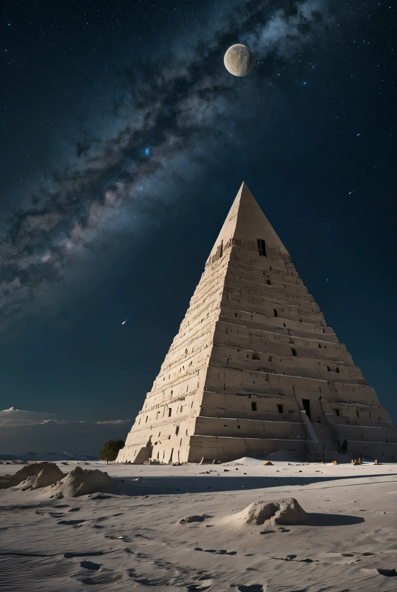 Un site archéologique , de la roche avec des écritures hiéroglyphiques, beaucoup de pyramides en face, dans le ciel il y a la grande lune et beaucoup d'étoiles