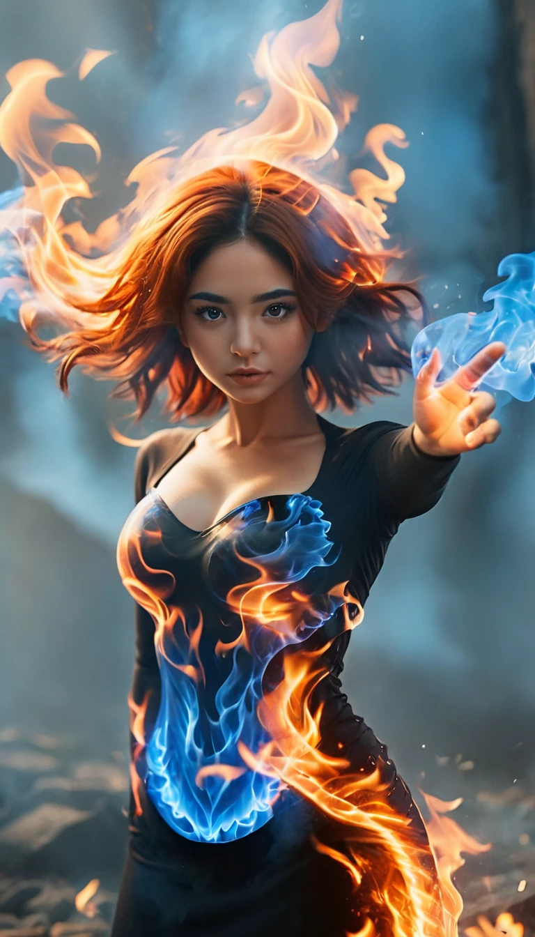 ((((Brittania Ochoa))), (theelementoffire:1.1),Composed of fire elements,(1个Giant Breast latina Girl:1.2),on fire,transparency,firey,(Molten rock),Flame skin,Flame print,fiery hair,smokes,​​clouds,Chopping,,Brittania Ochoa wrapped in flames, the flames soar and emit sparks,Burning hands,Translucent luminescence,Highly realistic,Beautiful posture,transparency,Sci-fi light effects,(Light-emitting circuit board:1.6),Long blue,