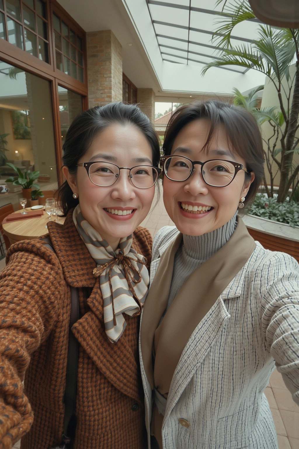 A 56-year-old Asian couple had a Christmas lunch  at a villa in Singapore, taking a selfie from the first person perspective. (Wearing high-end, stylish autumn brand clothing)