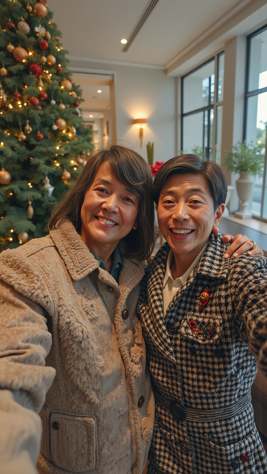 A 56-year-old Asian couple had a Christmas lunch  at a villa in Singapore, taking a selfie from the first person perspective. (Wearing high-end, stylish autumn brand clothing)