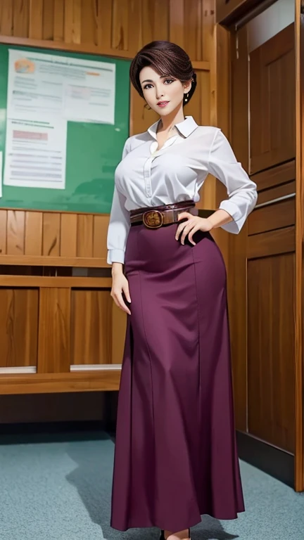 (a masterpiece portrait of a woman with ultra detailed features, in 8K resolution, with crisp quality and vibrant colors)、(from front、 face forward:1.4)、Beautiful female teacher、50 year old mature woman wearing a neat blouse、 long skirt with belt 、 slender figure、 school classroom、During class、 full body photo、perfect hand、Perfect legs、 anatomically correct hand、Dark brown hair、 Up Hair、