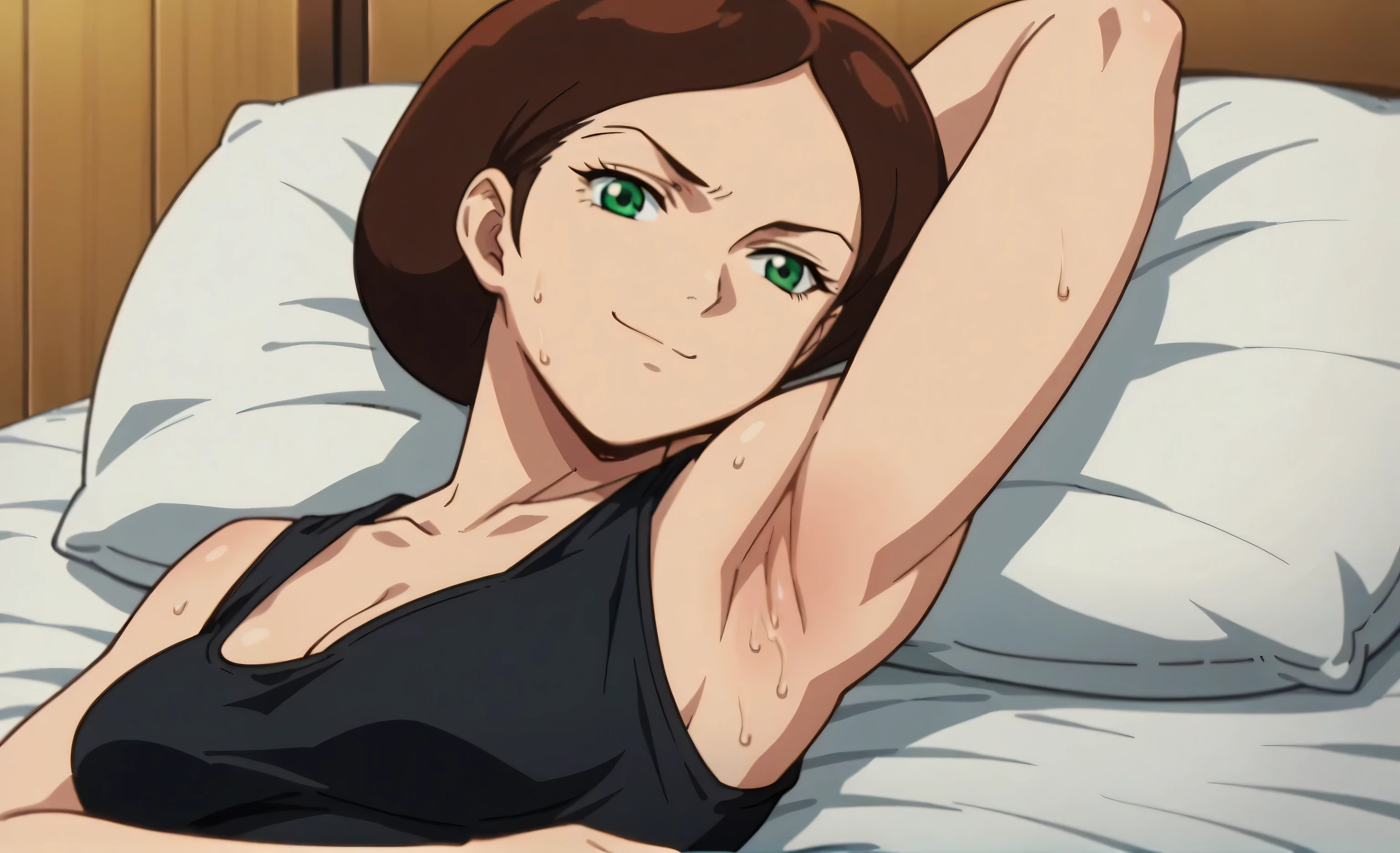 score_9, score_8_up, score_7_up, source_anime, anime screencap, 1girl, solo, EmmaSheen, brown hair, short hair, green eyes, medium breasts, black tank top, (cleavage:0.8), sleeveless, bare shoulders, bare arms, arm behind head, armpit, (looking at viewer:1.2), head towards viewer, smile, badhandv4, closed mouth, anime coloring, sweaty, from side, lying in bed 