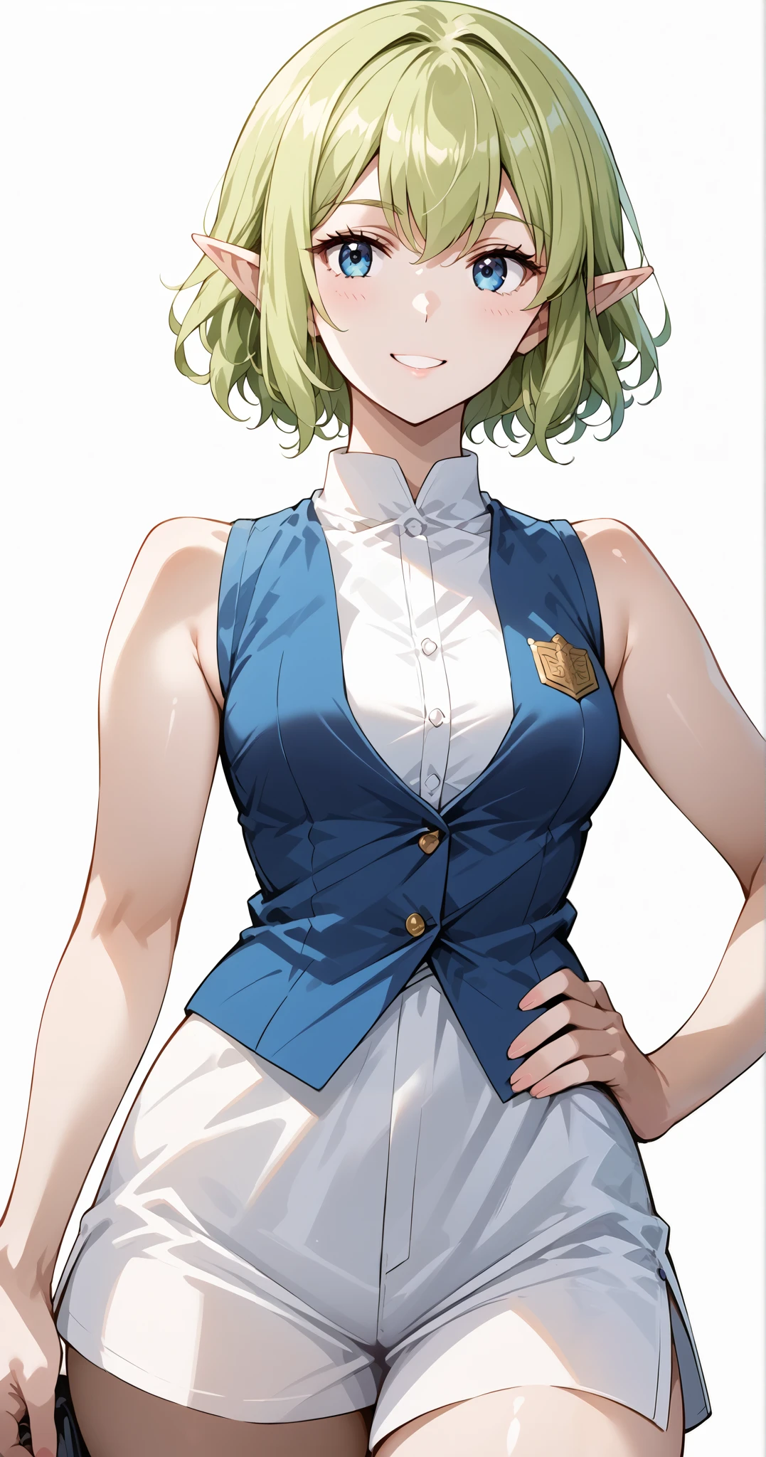 score_9, score_8_up, score_7_up, source_anime, 4K,perfect fingers,(perfect hands, perfect anatomy),prefect lighting, very aesthetic, intricate details,highly detailed background, masterpiece, high quality, best quality,
1girl, ryuu, green hair, Medium Breast,
wearing ((white shirt,blue vest,sleeveless)),,
looking at the spectator, cowboy shot, filed, hand on hip, high thigh individual , (large breasts:0.9),Stand up,fullbody,((White plain background:1.5)) ,smile,